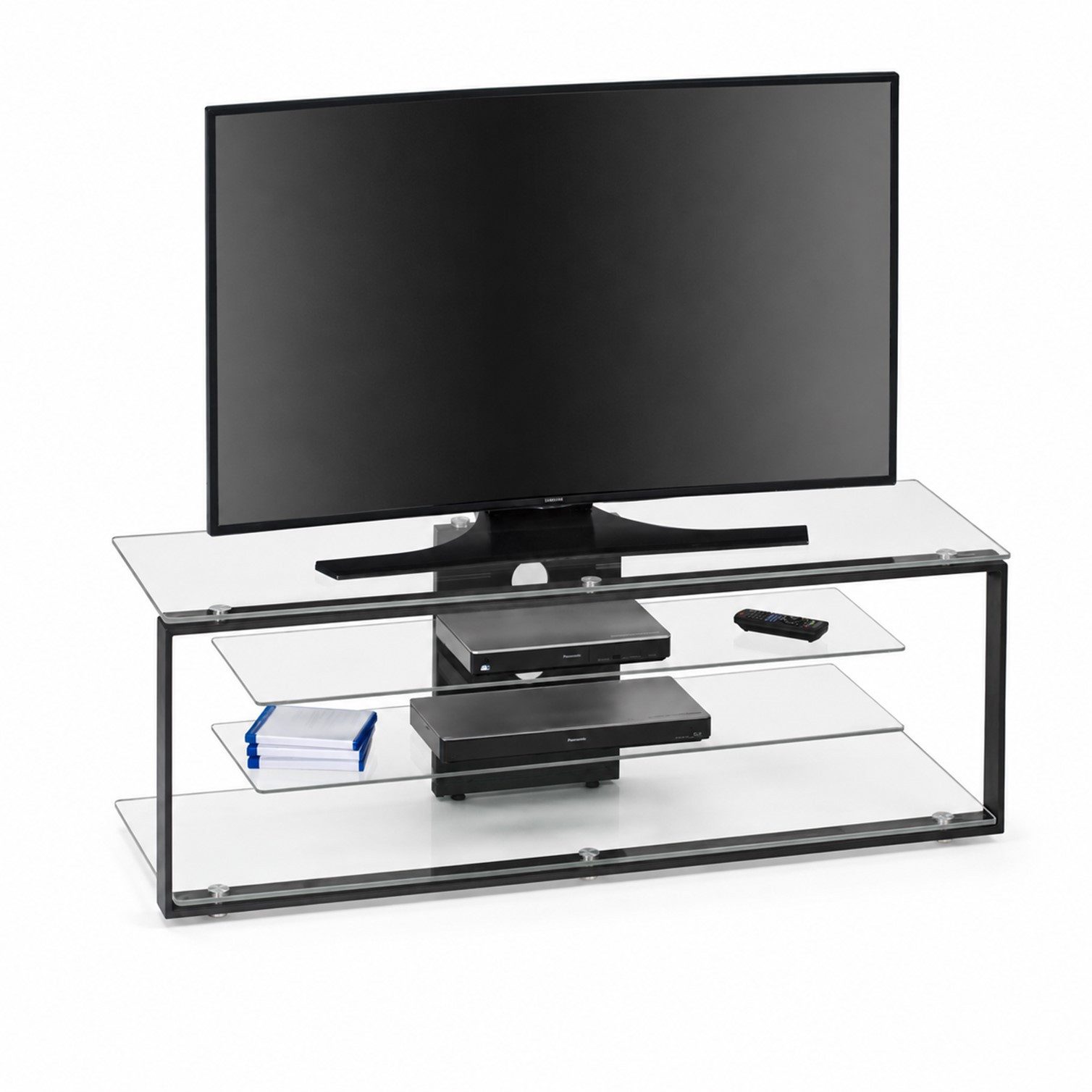 HOOZ TV-Rack TV-Lowboard ESG Glas & Metall Anthrazit Kabelmanagement 130x 42x40cm (Einzelartikel, 1x TV-Rack inklusive Aufbauanleitung), TV-Rack Montagematerial und integriertem Kabelmanagement