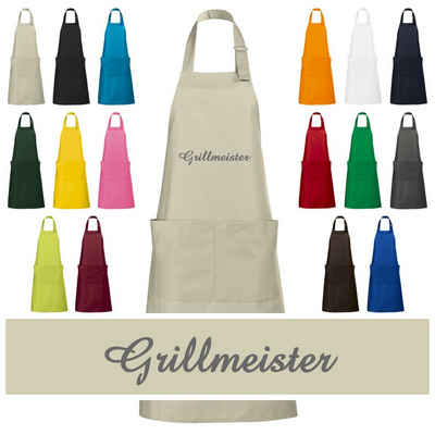 Schnoschi Grillschürze Hochwertige Küchenschürze mit Grillmeister bestickt, Grill Schürze, Stickerei Grillmeister, Große Tasche mit 2 Fächern, Metallschlaufe