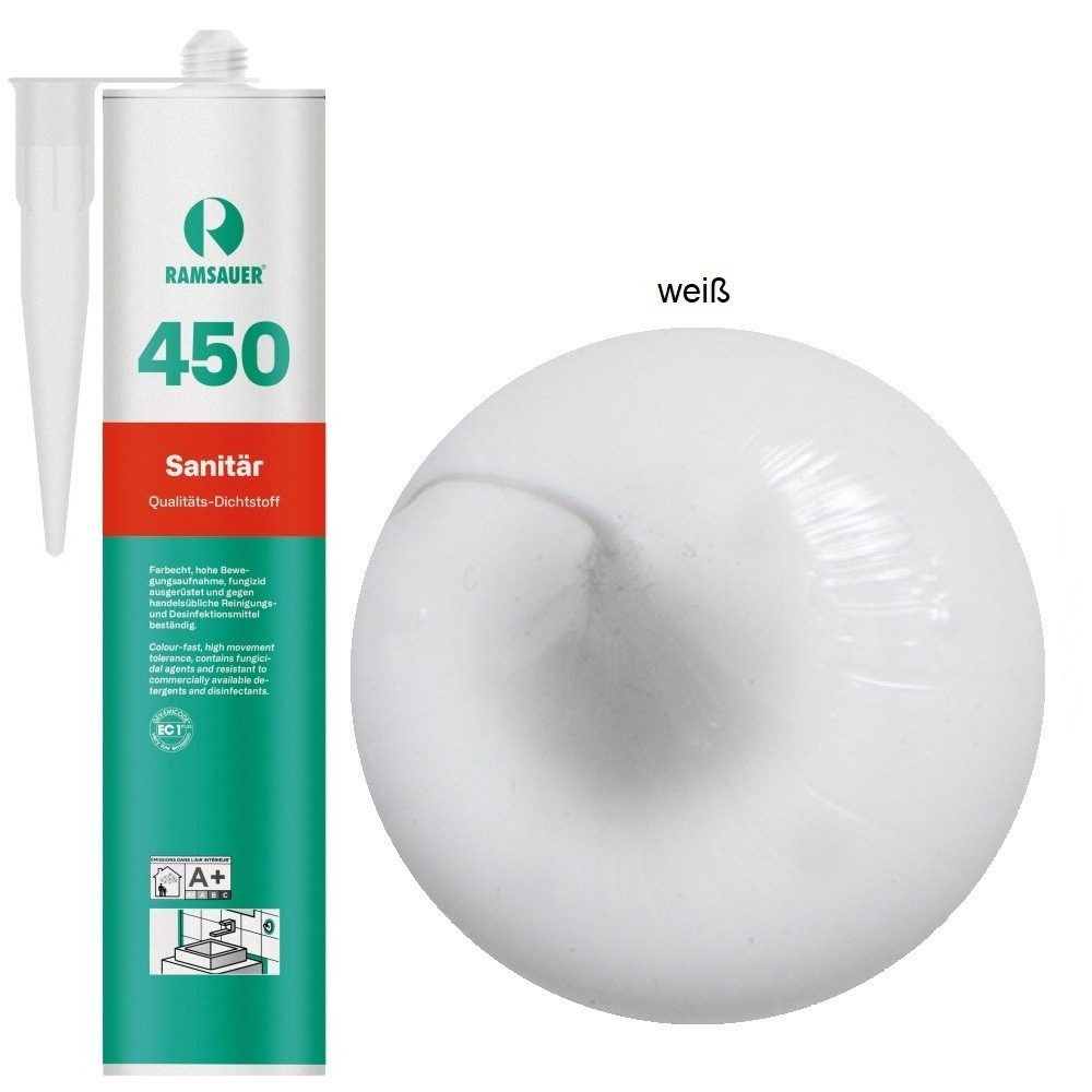 Ramsauer Dichtstoff Ramsauer 450 Sanitär Silikon Dichtstoff 310ml Kartusche weiß, gebrauchsfertig, chemisch widerstandsfähig, schnellhärtend, UV-beständig, pilzhemmend