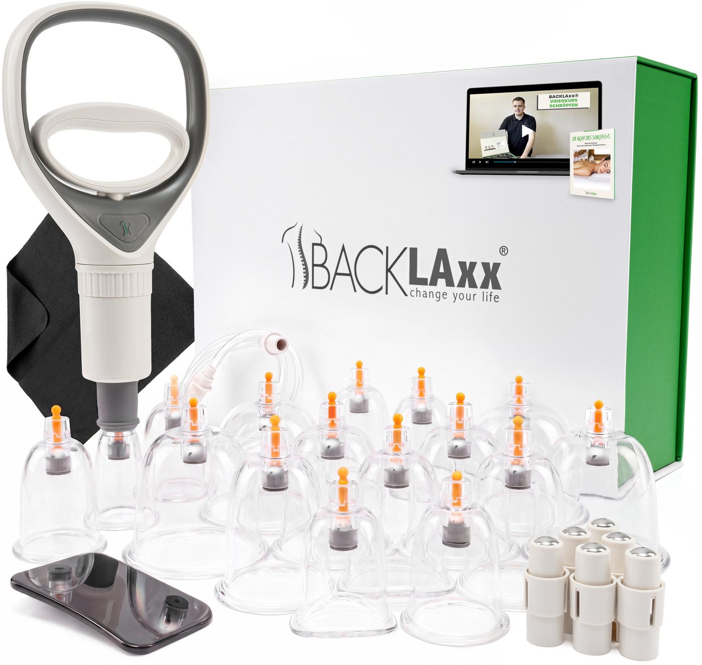 BACKLAxx® Massagegerät Schröpfen Set, 16x Schröpfglocken, 6x Therapiemagnete, 1x Verlängerungsschlauch, 1x Faszienschaber, 1x Mikrofasertuch, 1x Aufbewahrungsbox 29-tlg., 16 teilig
