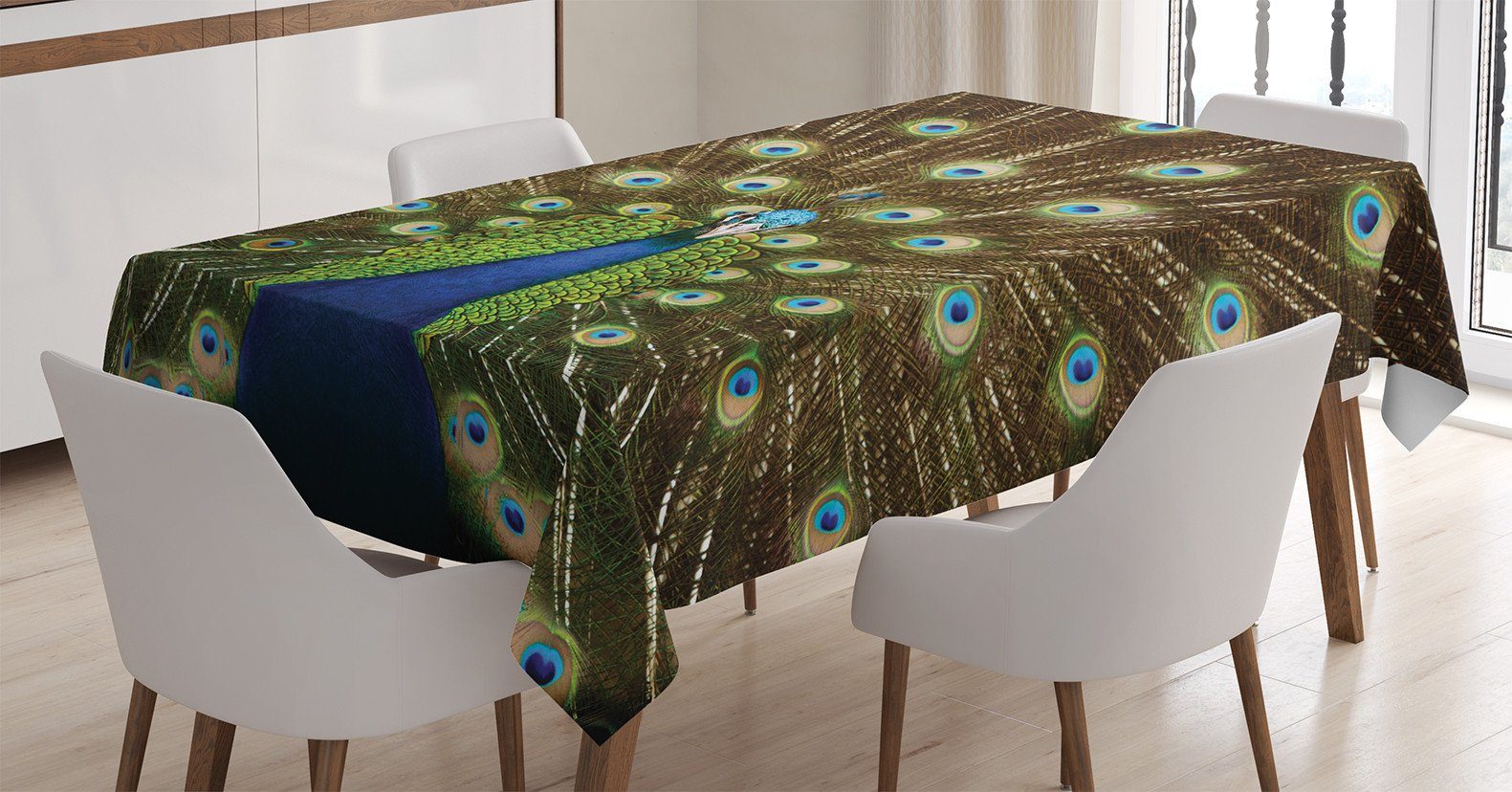 Abakuhaus Tischdecke Farbfest Waschbar Für den Außen Bereich geeignet Klare Farben, Bunt Peacock mit Federn