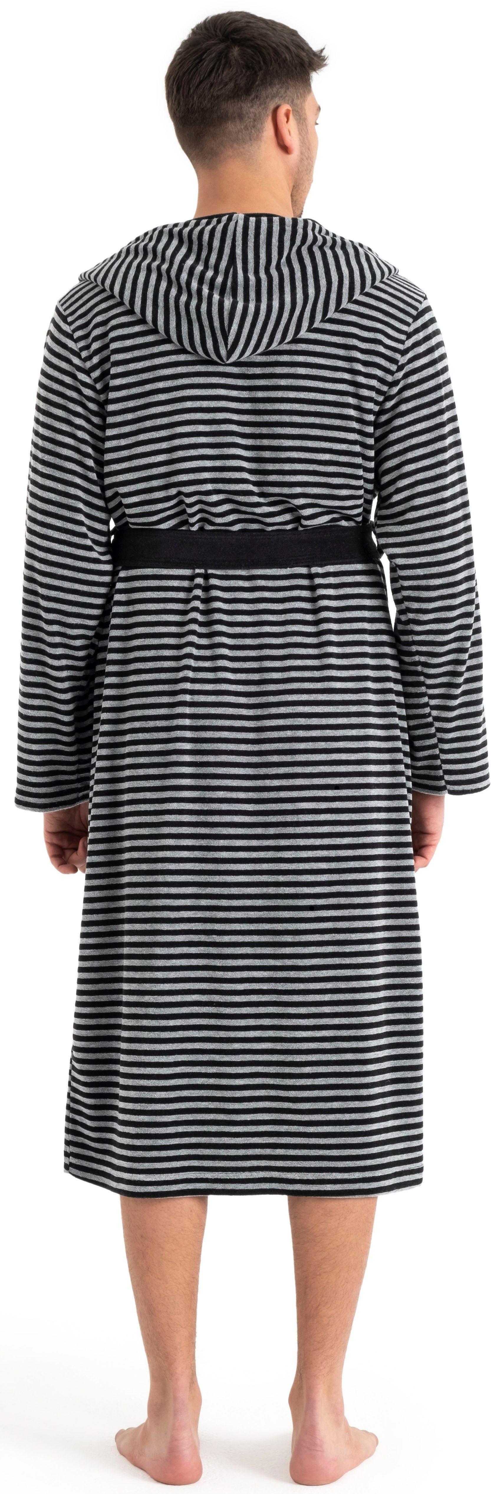 KangaROOS Herrenbademantel Luana, ideal für Sauna & Spa, Hotelbademantel, Morgenmantel, Langform, Leichtfrottier, Kapuze, Gürtel, Streifen - Bademantel für Herren, gestreift, S-4XL