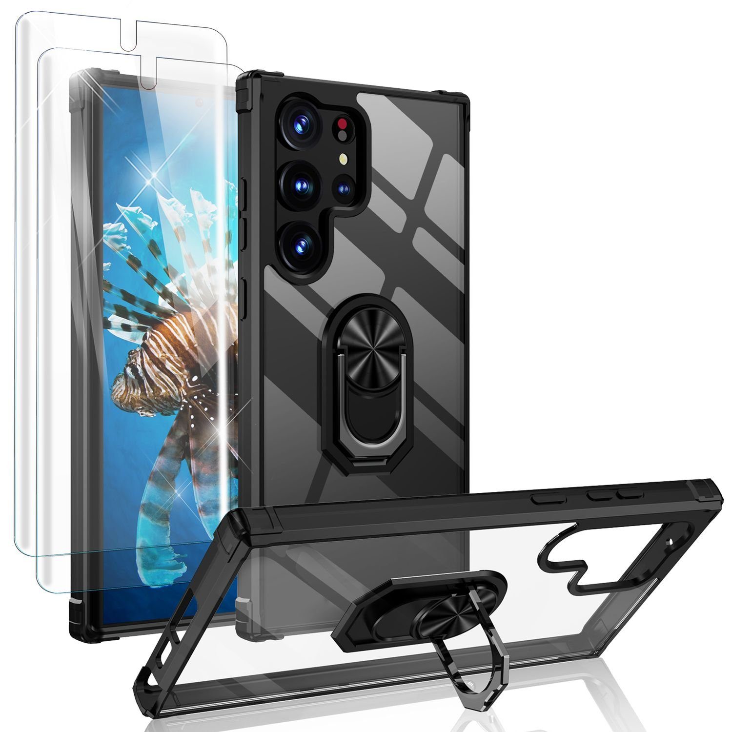 Nalia Smartphone-Hülle Samsung Galaxy S23 Ultra, Klare Hybrid Ring Hülle / 2x Displayschutz / Standfunktion / Kratzfest
