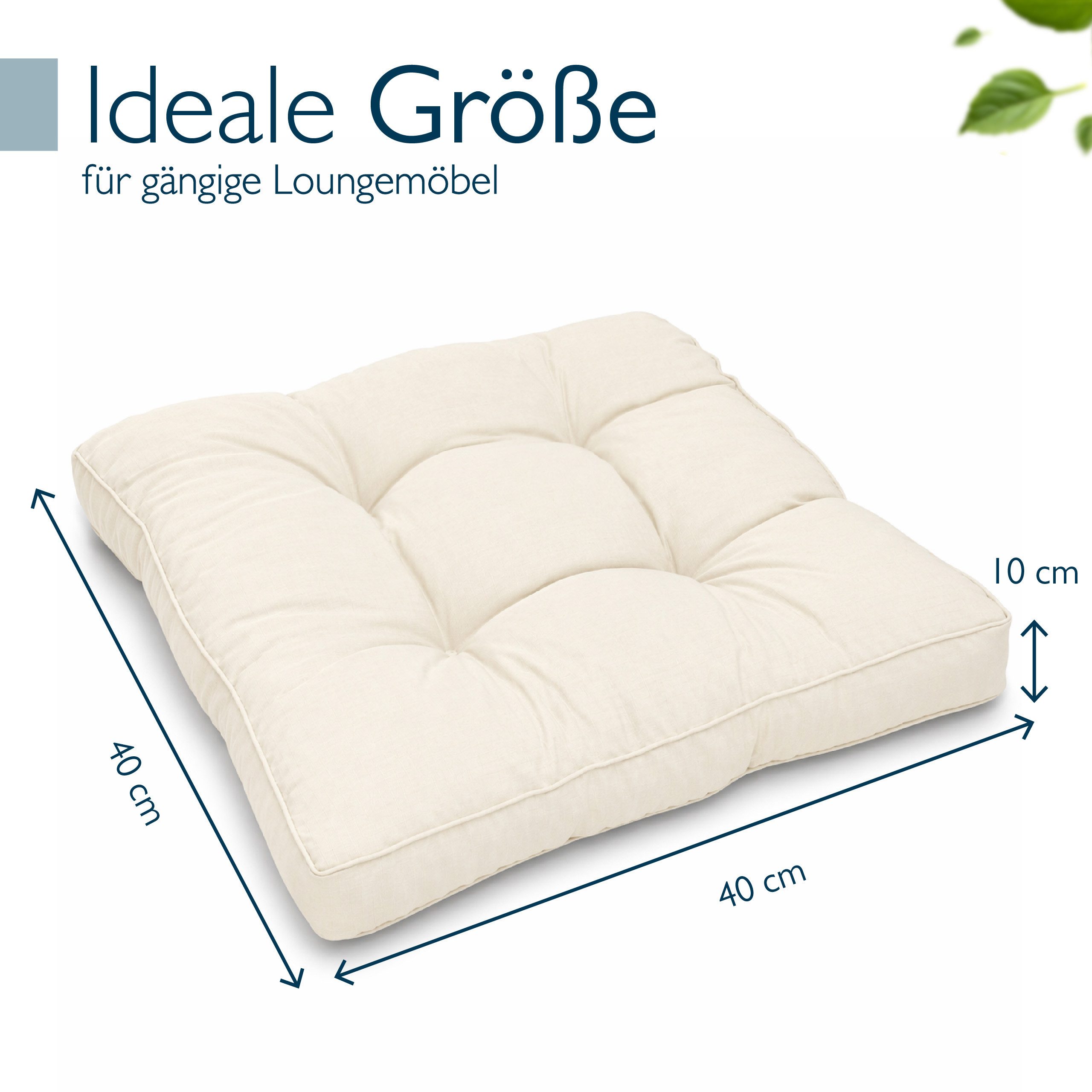 Beautissu Sitzkissen Lounge Kissen Outdoor Beige XLuna, 40x40cm, Sitzkissen Gartenstuhl 10 cm dick Sitzpolster Auflagen für Gartenmöbel