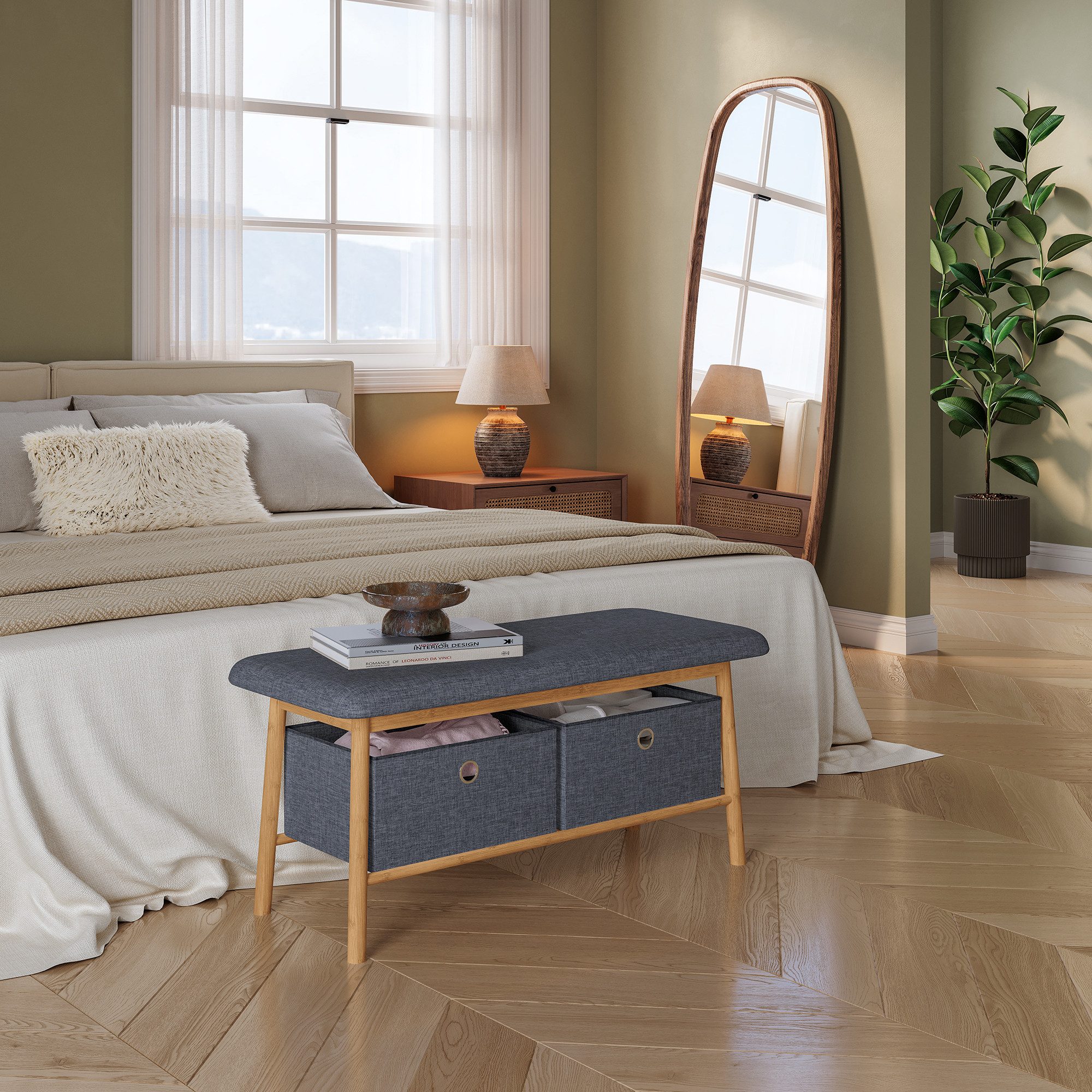 en.casa Sitzbank, »Vad« 90x30x45 cm gepolsterte Sitzfläche Bambusgestell Natur/Grau