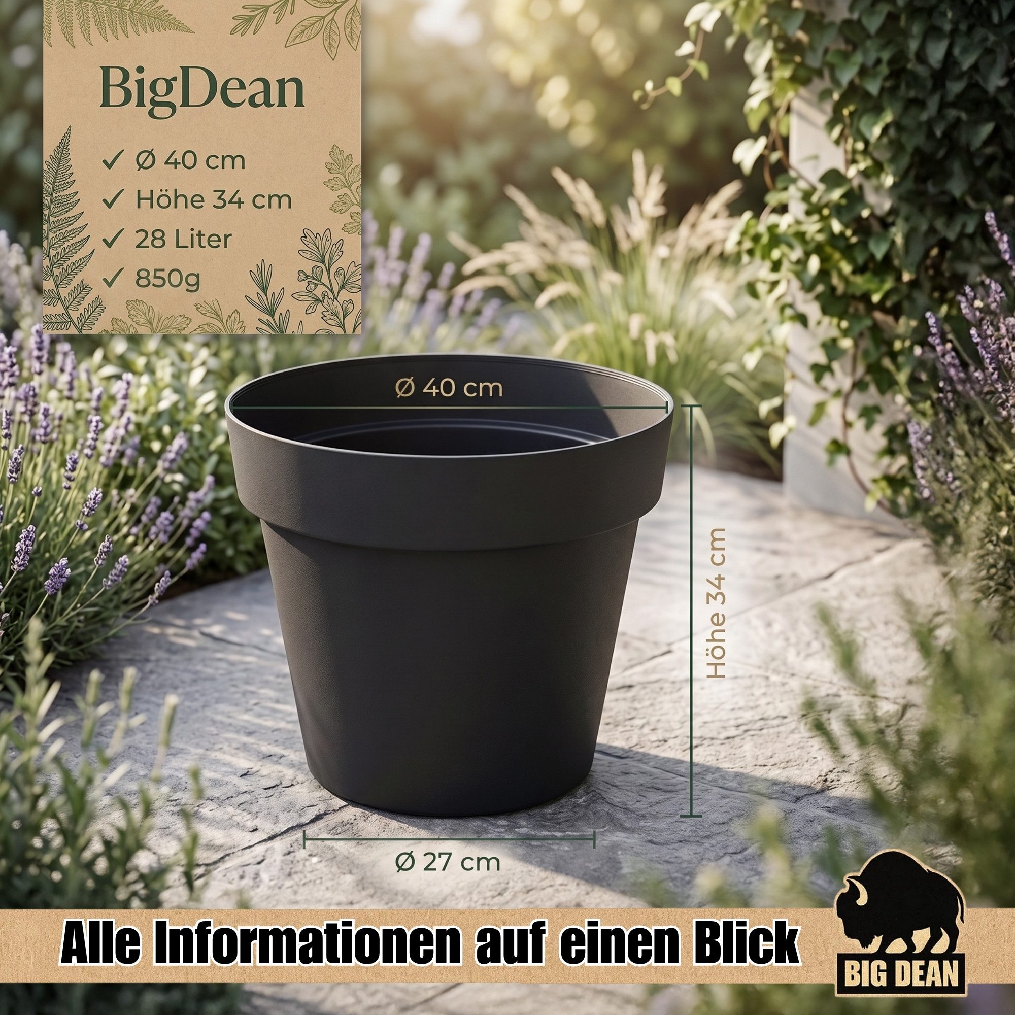 BigDean Blumentopf Pflanzkübel groß Anthrazit Classic mit integriertem Wasserspeicher (3 St), Wetterfester Kunststoff, Integrierter Zwischenboden – Bild 3 von 5