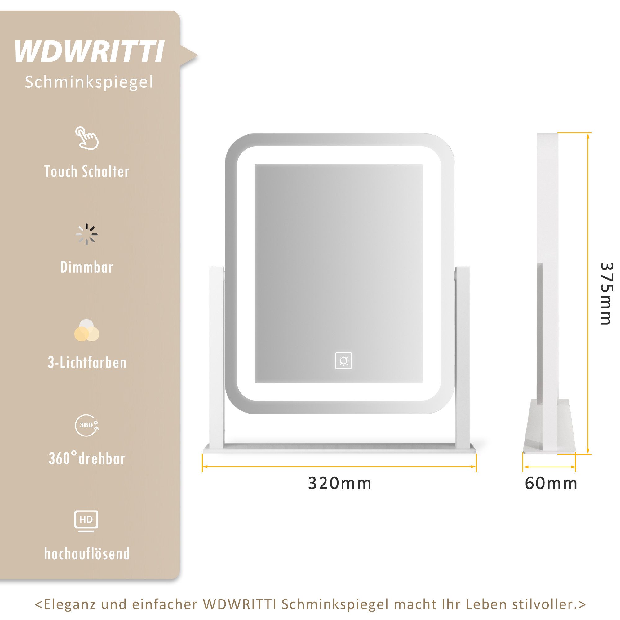 WDWRITTI Schminkspiegel Kosmetikspiegel LED Tisch mit Beleuchtung (Makeup Spiegel Rechteckig, 3Lichtfarben, Helligkeit dimmbar, Touch), 360° Drehbar, HD Umweltschutz Spiegel