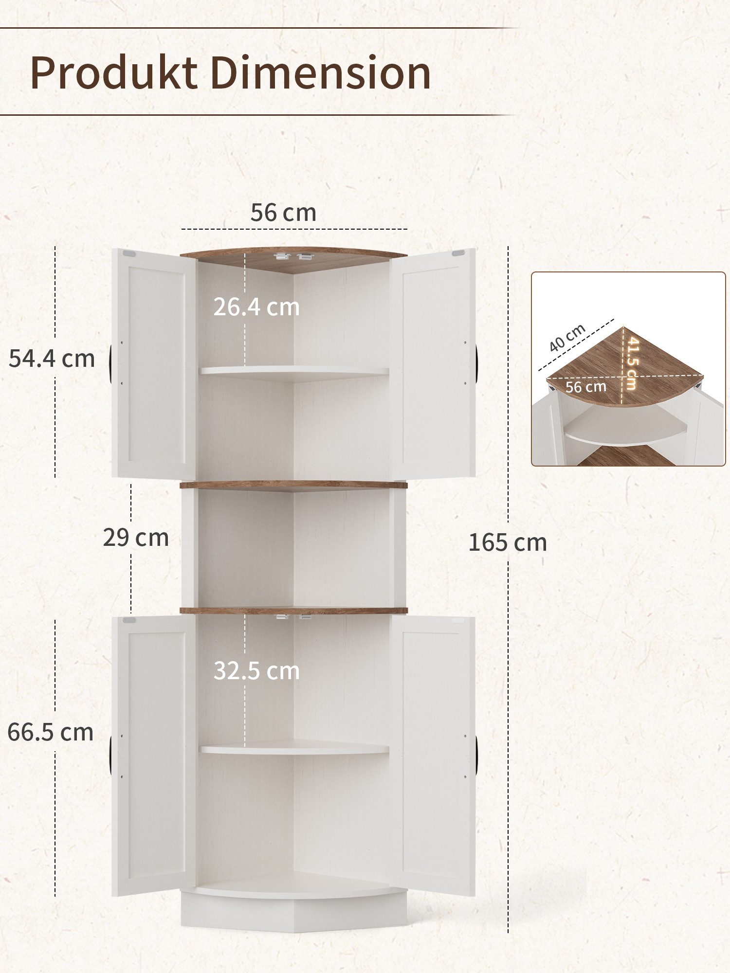 FiveWillowise Eckschrank Küchenschrank Aufbewahrungsschrank Hochschrank, 56x41,5x165cm (1-St) Badezimmerschrank Schmal mit 4 Türen und 5 Ablageflächen