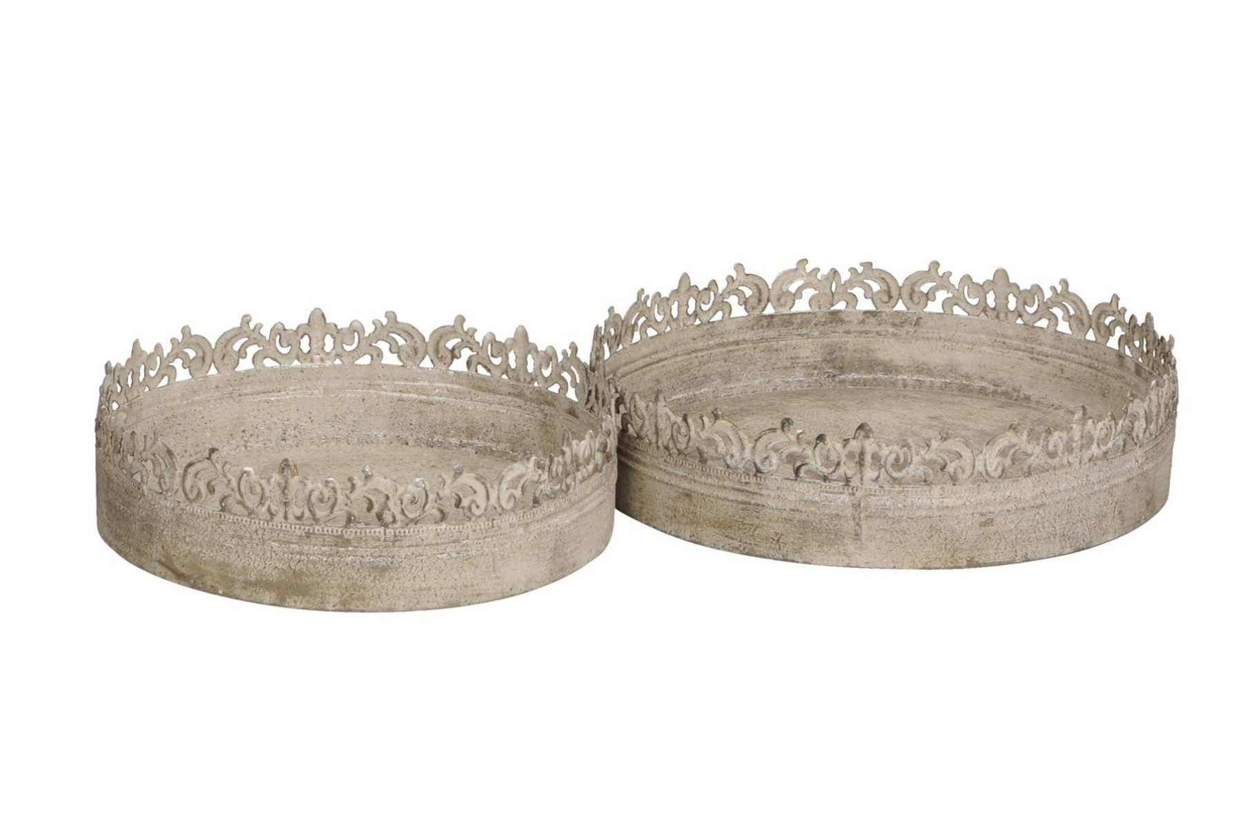 finehomegarden Tablett Dekotablett Schale 2erSet Metall Shabby chic Landhaus Vintage grau, Metall, (Set, 2-tlg., 2 x Tablett Ø30cm H9cm / Ø35cm H9cm), rund Ø30+35cm Kerzentablett / Paket