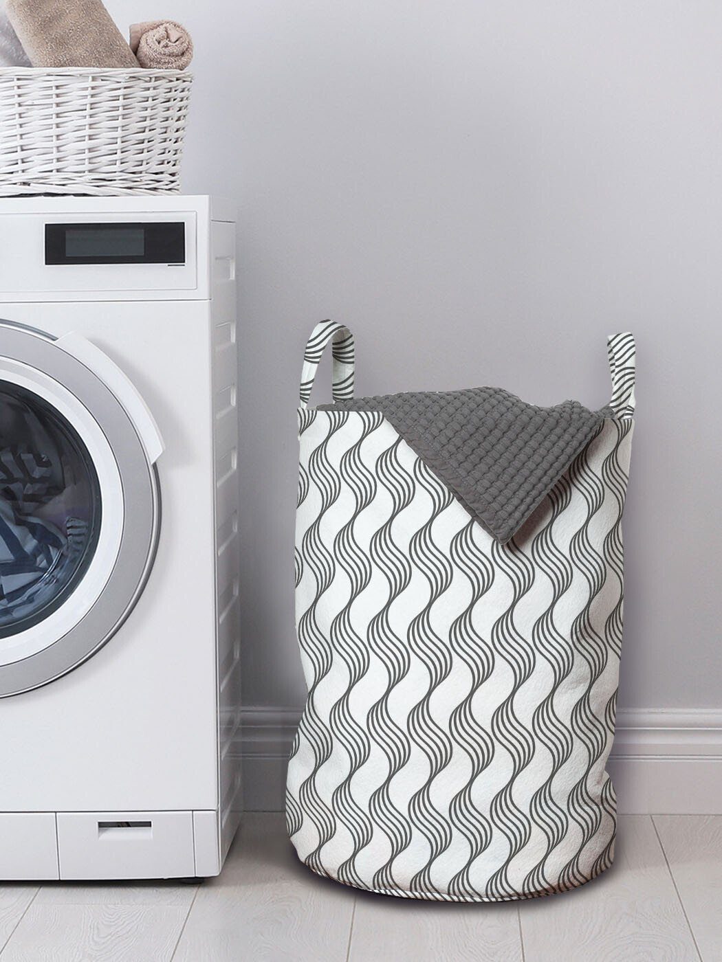 Simplistic Wellig Kordelzugverschluss mit für Monochrome Wäschesäckchen Waschsalons, Abakuhaus Griffen Abstrakt Wäschekorb
