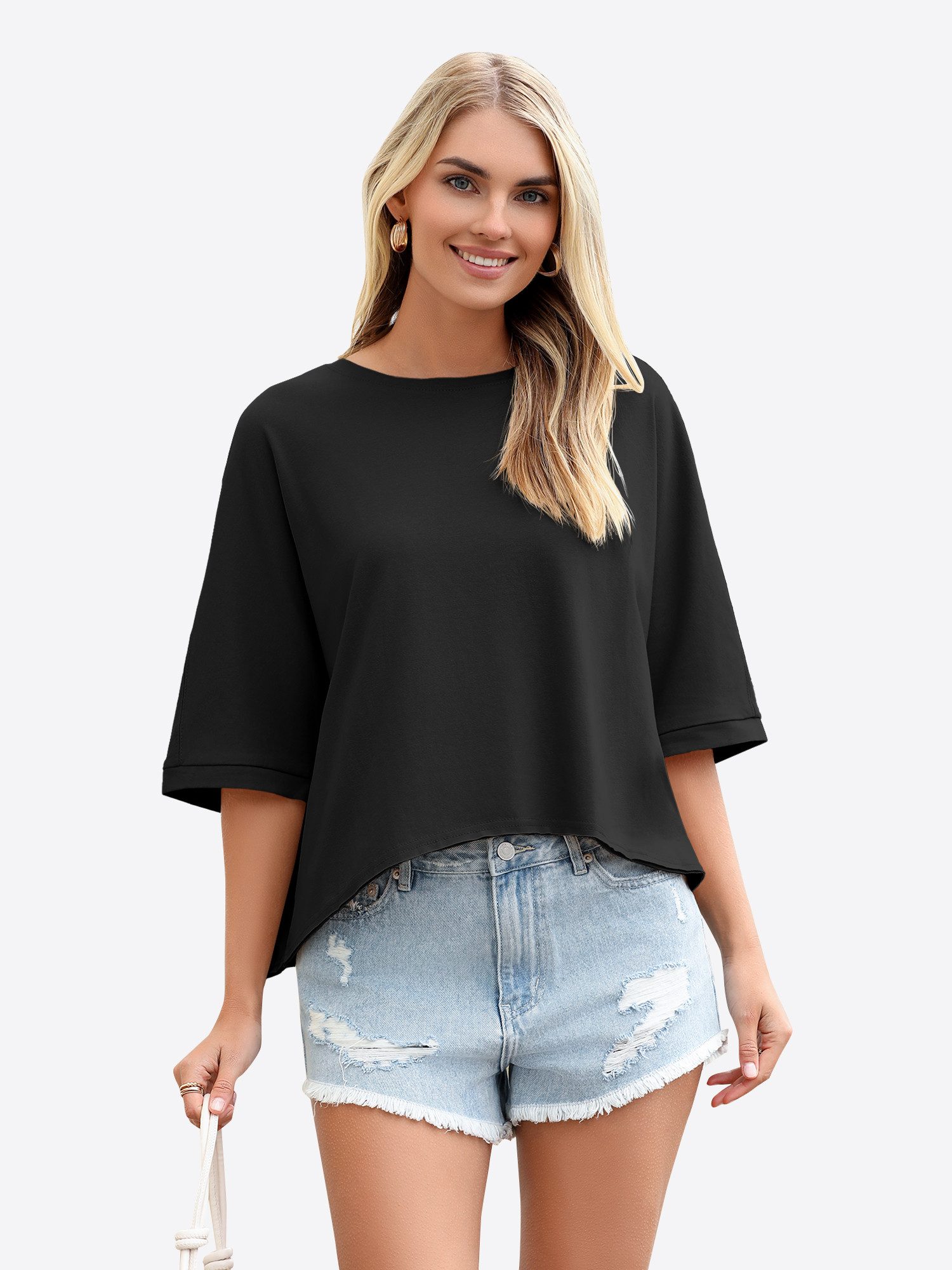 Imily Bela T-Shirt Damen Oversized Cropped Shirt Rundhals Casual Oberteil (Packung, 1-tlg., 1per-Pack) mit 3/4-Ärmeln und abgerundetem Saum in Unifarbe