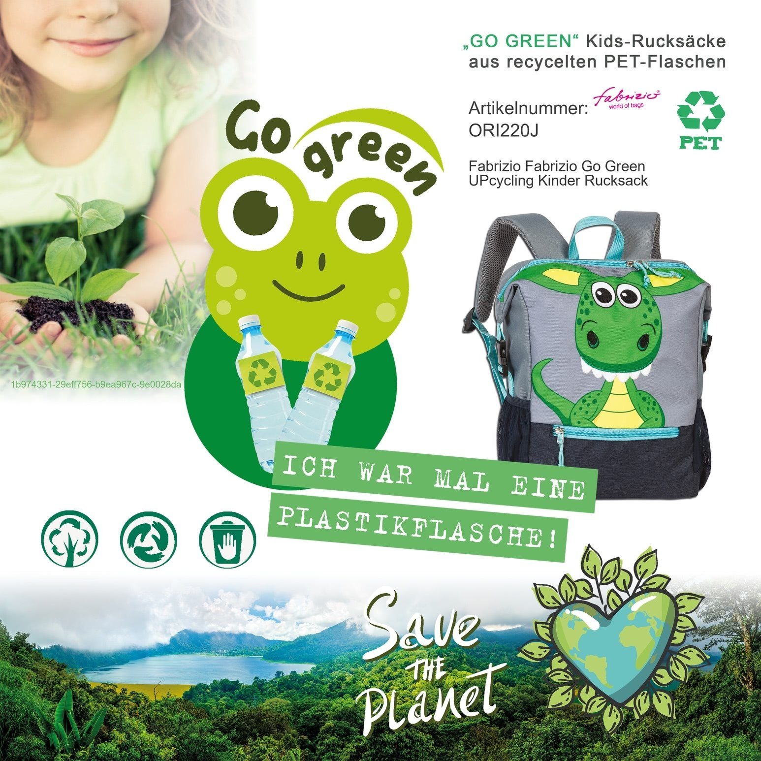 fabrizio® Freizeitrucksack Fabrizio Go Green Kinderrucksack Drache, Kinderrucksack, Freizeitrucksack Polyester, recycelt, grau ca. 23cm ho