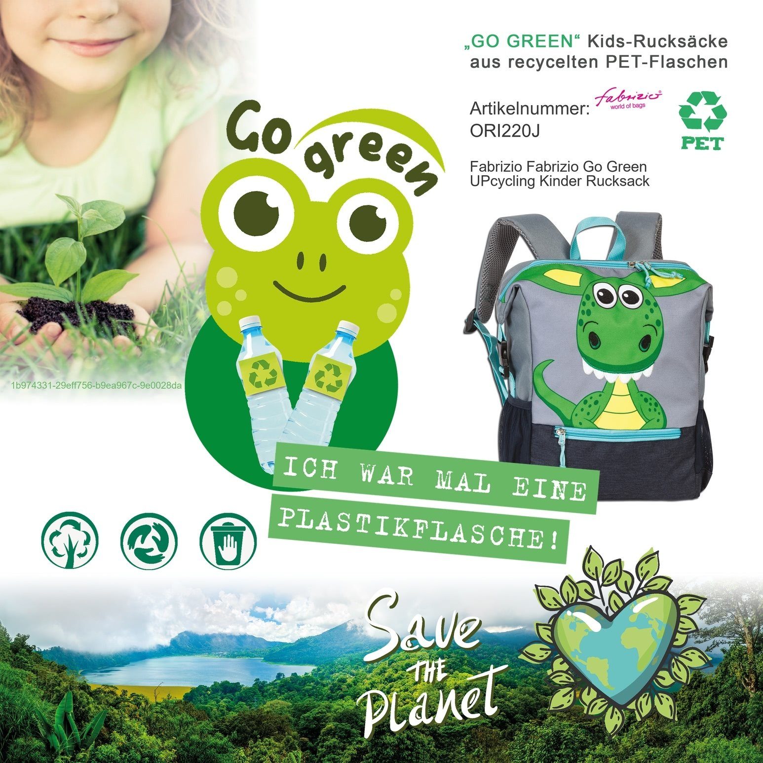 (Kinderrucksack), Go Kinderrucksack Fabrizio Green recycelt, ho Freizeitrucksack Drache Polyester, 23cm grau Freizeitrucksack fabrizio® Dunkelgrau ca. Kinderrucksack,