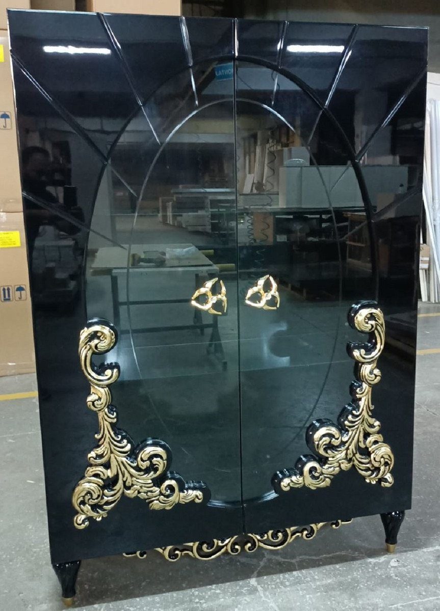 Casa Padrino Vitrine Luxus Barock Vitrine Schwarz / Gold 116 x 46 x H. 170 cm - Beleuchteter Massivholz Vitrinenschrank mit 2 Glastüren - Edle Barock Möbel