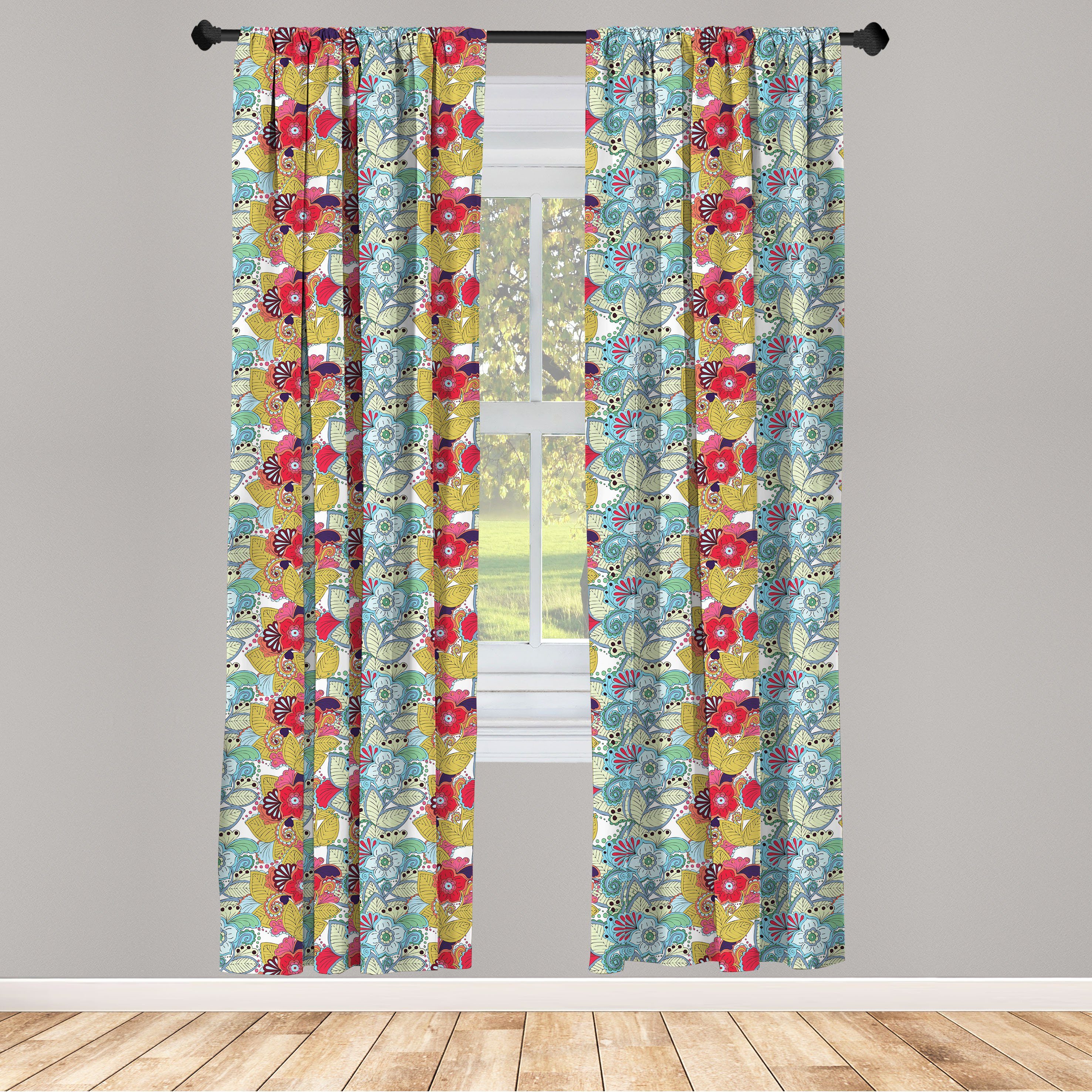 Vorhang Gardine Bunte Blätter Blumen Abakuhaus, Blüten Dekor, Schlafzimmer für Wohnzimmer Microfaser, und