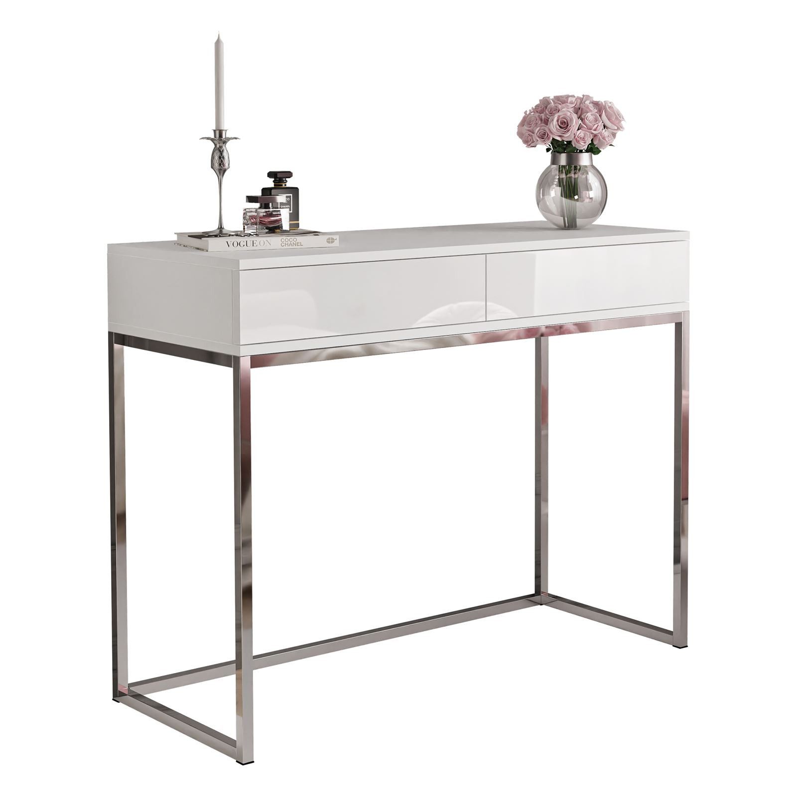 Lookway Konsolentisch BLANCO GLAMOUR auf verchromtem Gestell, 100x81x42 cm – Bild 4 von 5