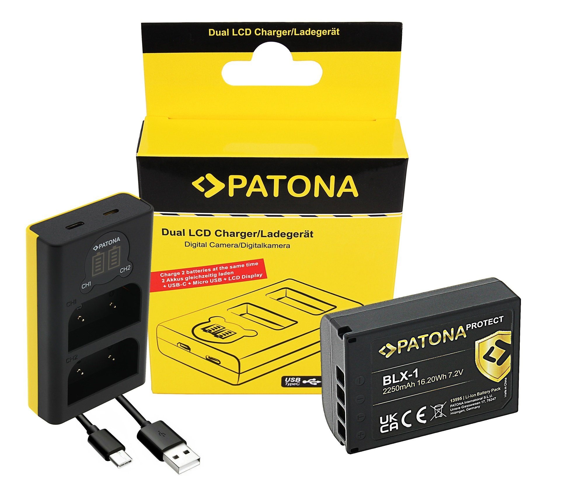 Patona 2in1 Ladegerät die Kamera-Akku USB-C Olympus Set mAh, 2250 OM-1 Dual für mit BLX-1 Anschluss Zubehör