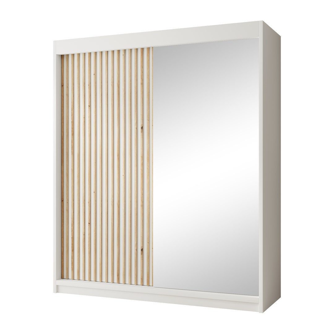 Beautysofa Kleiderschrank VIENNA Schwarz oder Weiß (Schiebetürenschrank mit Spiegel, moderner Garderobenschrank mit Lamellen) Schrank mit 8 Regale & 1 Kleiderstange