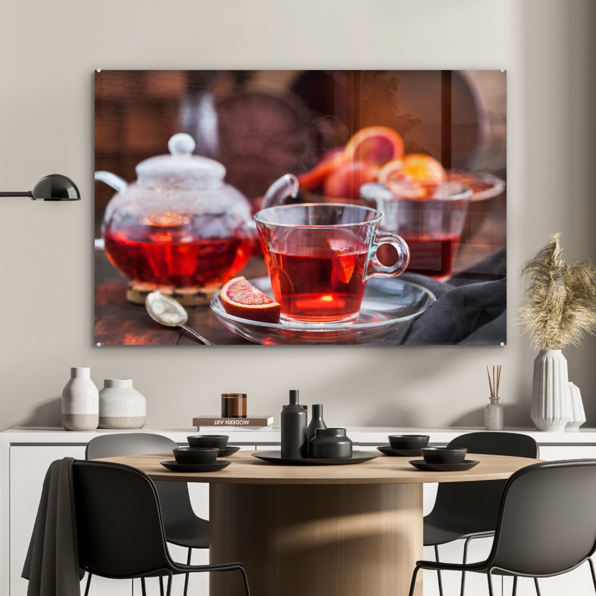 Rotglühender Teekanne Holzrahmen, Wohnzimmer auf Glasbecher Schlafzimmer Acrylglasbild und in Acrylglasbilder MuchoWow Hibiskustee (1 St), &