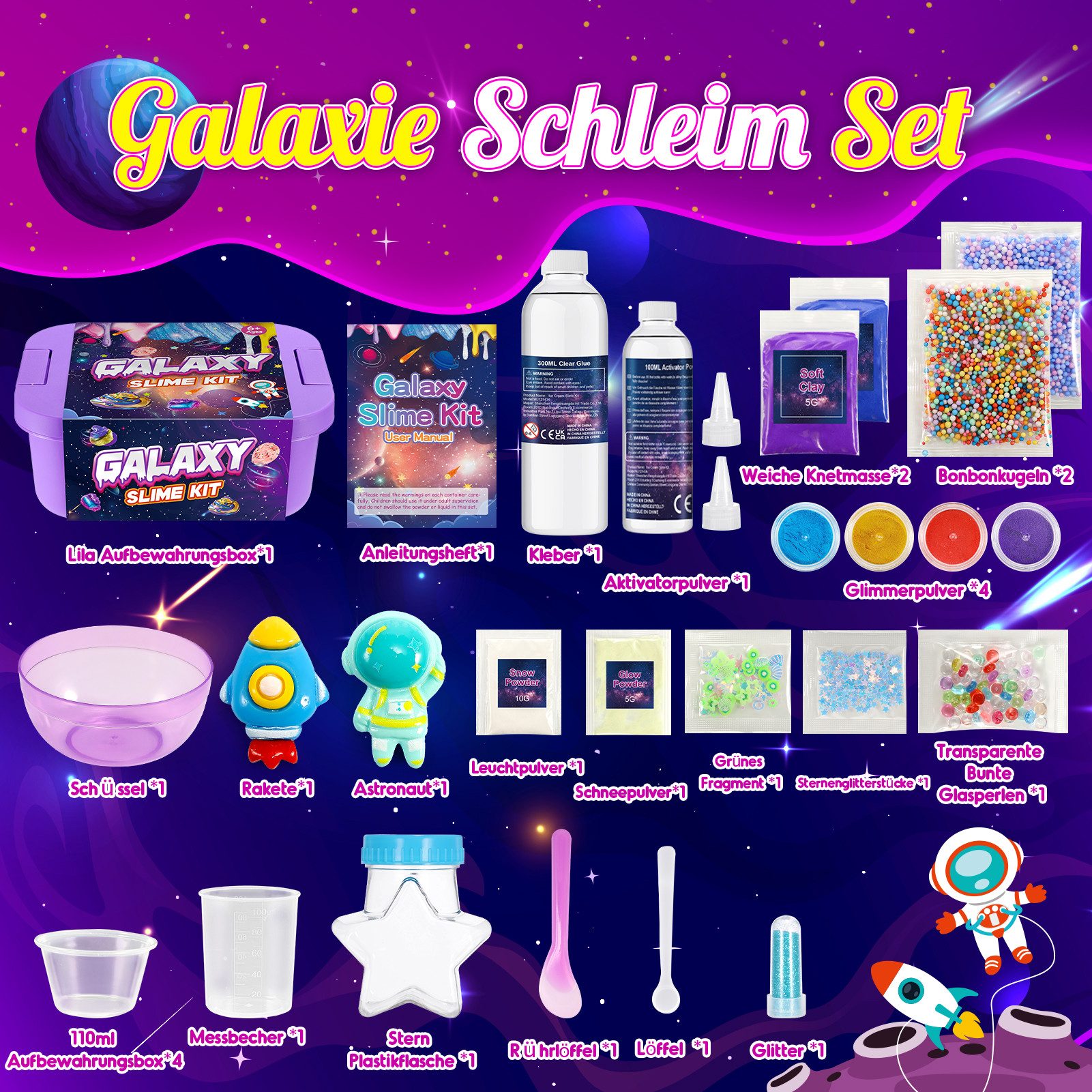 Wootoy Kreativset Experimentierkasten Schleim Bastelset Galaxy Einhorn DIY Slime Kit, (mit Glitzer Perlen und Zubehör zum Kreativen Gestalten, 1-tlg., Schleim-Bastelset in zwei Themenwelten: Galaxie oder Einhorn), Fördert Kreativität Feinmotorik und spielerisches Experimentieren
