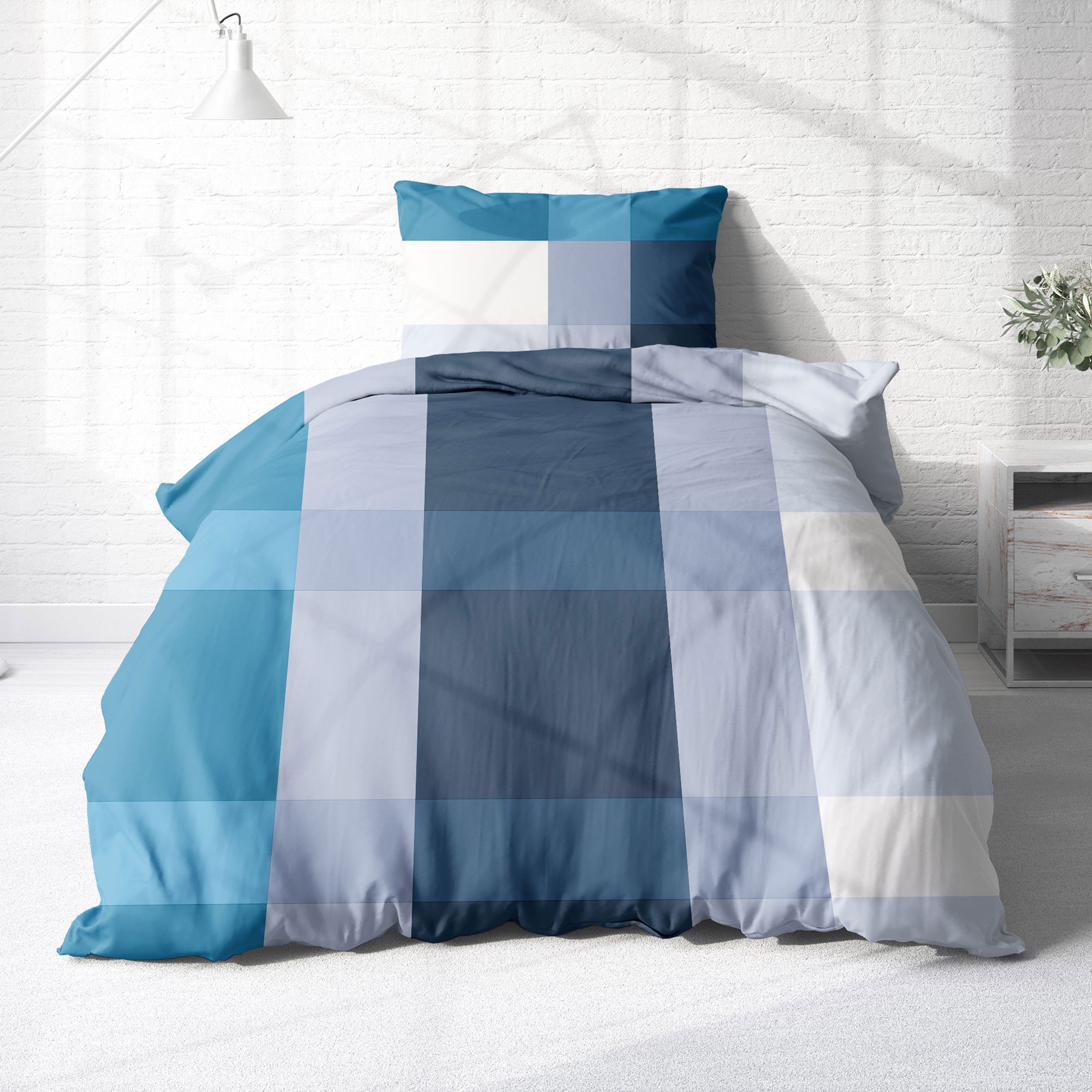 Träumschön Bettwäsche Premium Set aus Baumwolle 135x200 oder 155x220 cm, Karo beige o. blau, Renforcé, 2 teilig, mit Reißverschluss, 100% Baumwolle, luftig leic – Bild 2 von 5