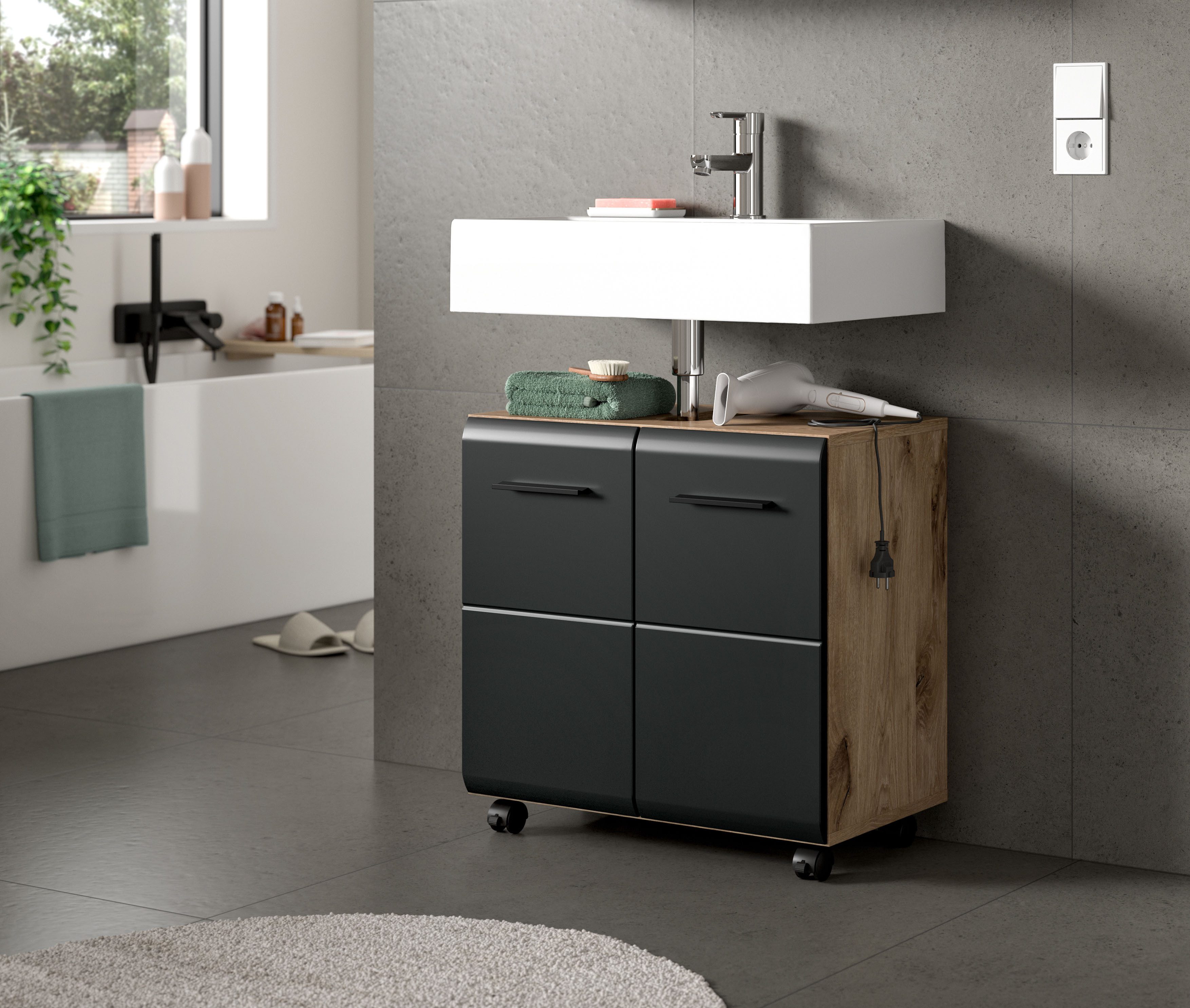 welltime Waschbeckenunterschrank FLORENZ, Breite 60cm, inkl. Siphonausschnitt, mit Türen oder Schüben (TOPSELLER) hochwertige MDF Front, Griff schwarz, Badschrank, Bad