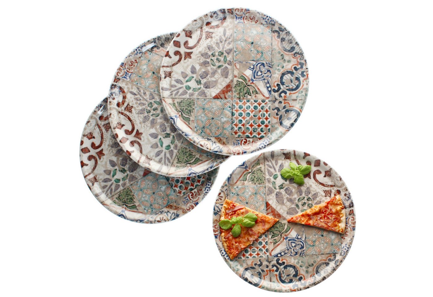 MamboCat Pizzateller 4x Pizzateller Alcazar Ø33cm 4 Personen XL-Teller Fliesenoptik Platte