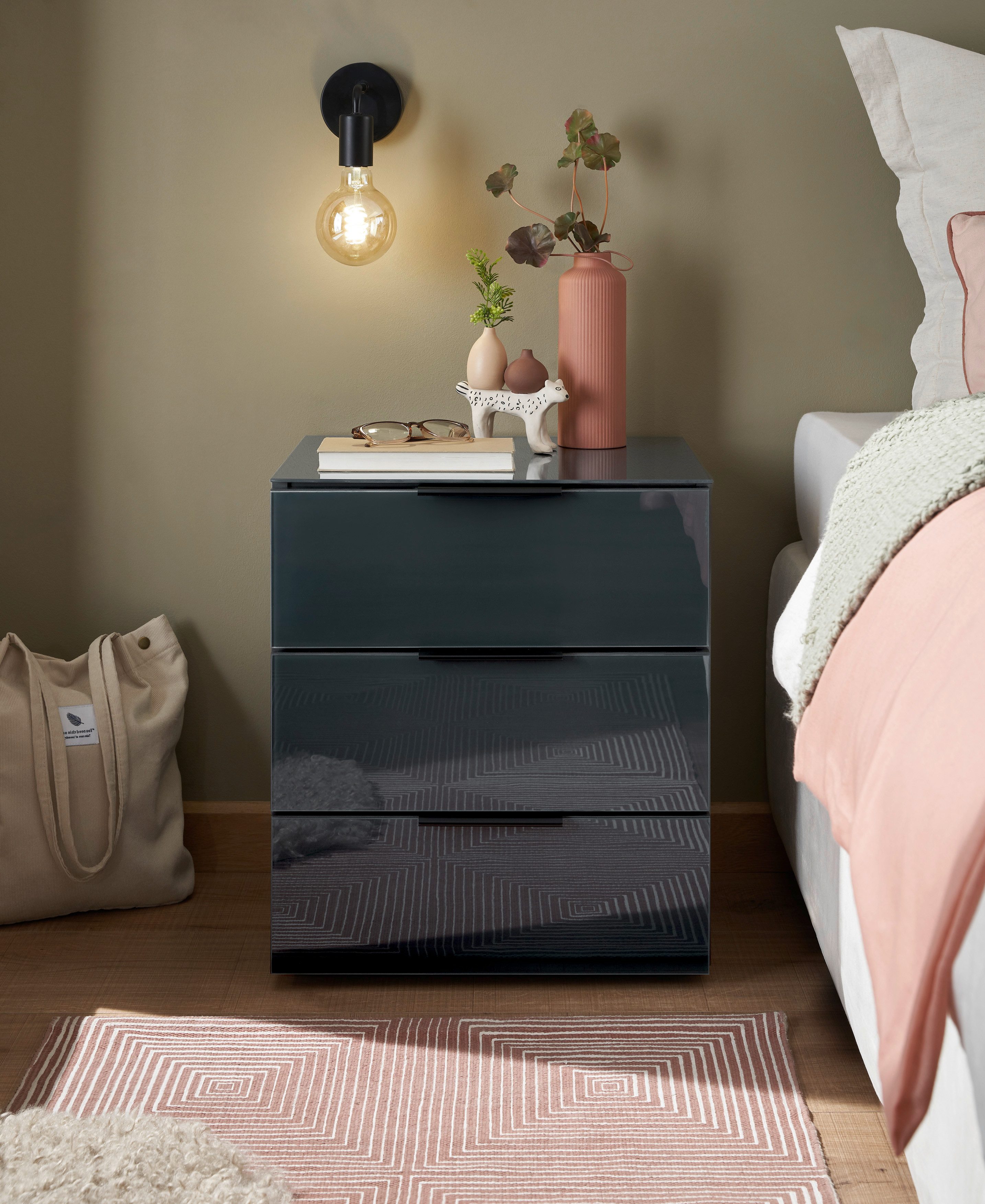 Schlafkontor Nachtkommode Pari Nachtkonsole, Nachtschrank, Nachttisch, mit 3 Schubkastenfronten aus Glas