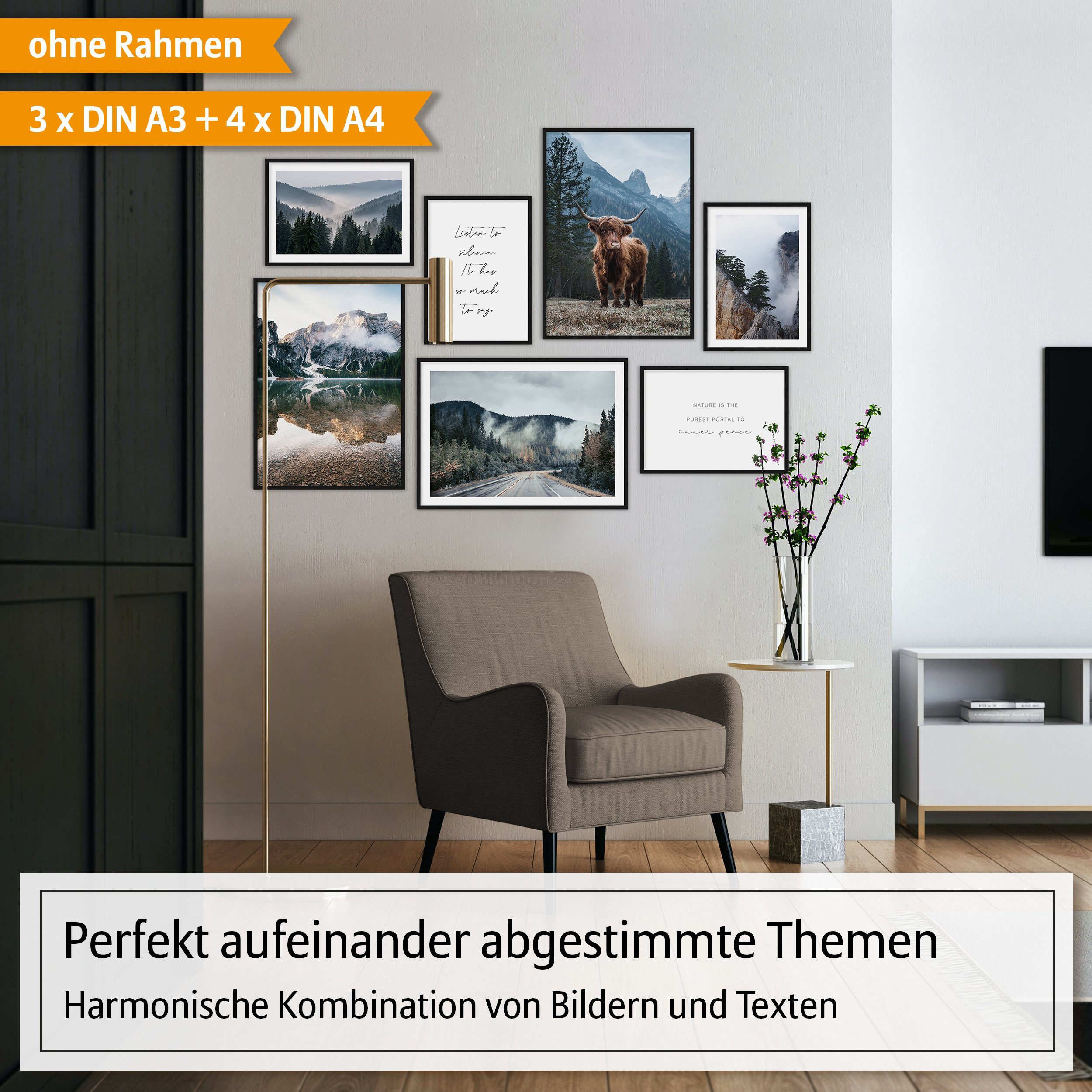 Hyggelig Home Poster Highlands - Premium Poster Set OHNE & MIT Rahmen - 7 Wandbilder Berge, Natur (Set, 7 St), Collage Wälder, Qualitätsdruck auf dickem Papier