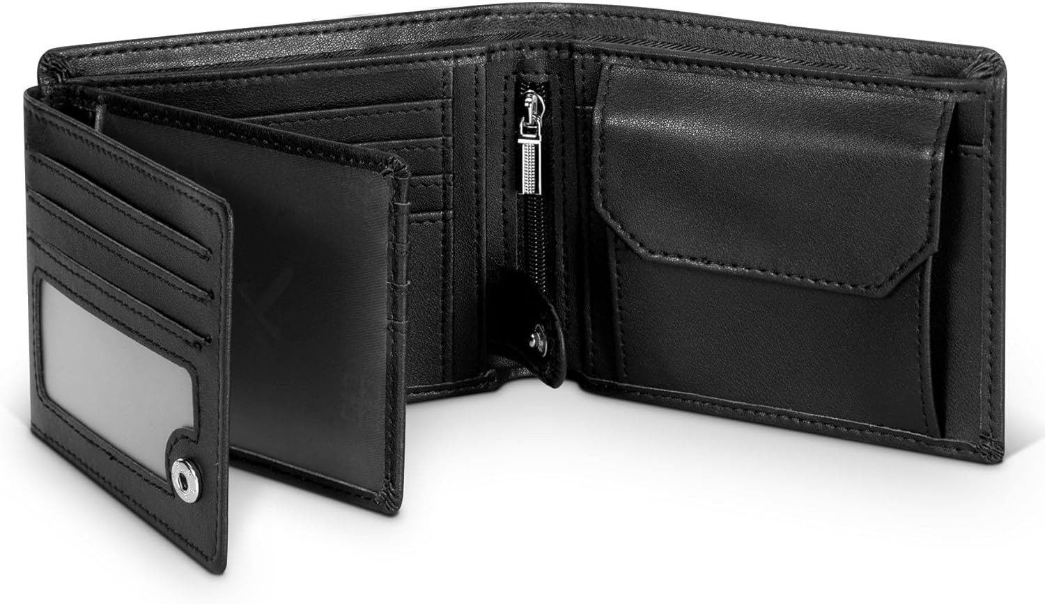 POPOLIC Geldbörse Herren Slim Wallet RFID Blocking Mikrofaser Portmonee Herren (mit 13 Kartenetui, Ausweisfenster, Geldscheinfächern, Reißverschlussfach, Geldscheinklammer), mit Geschenkbox - Schwarz