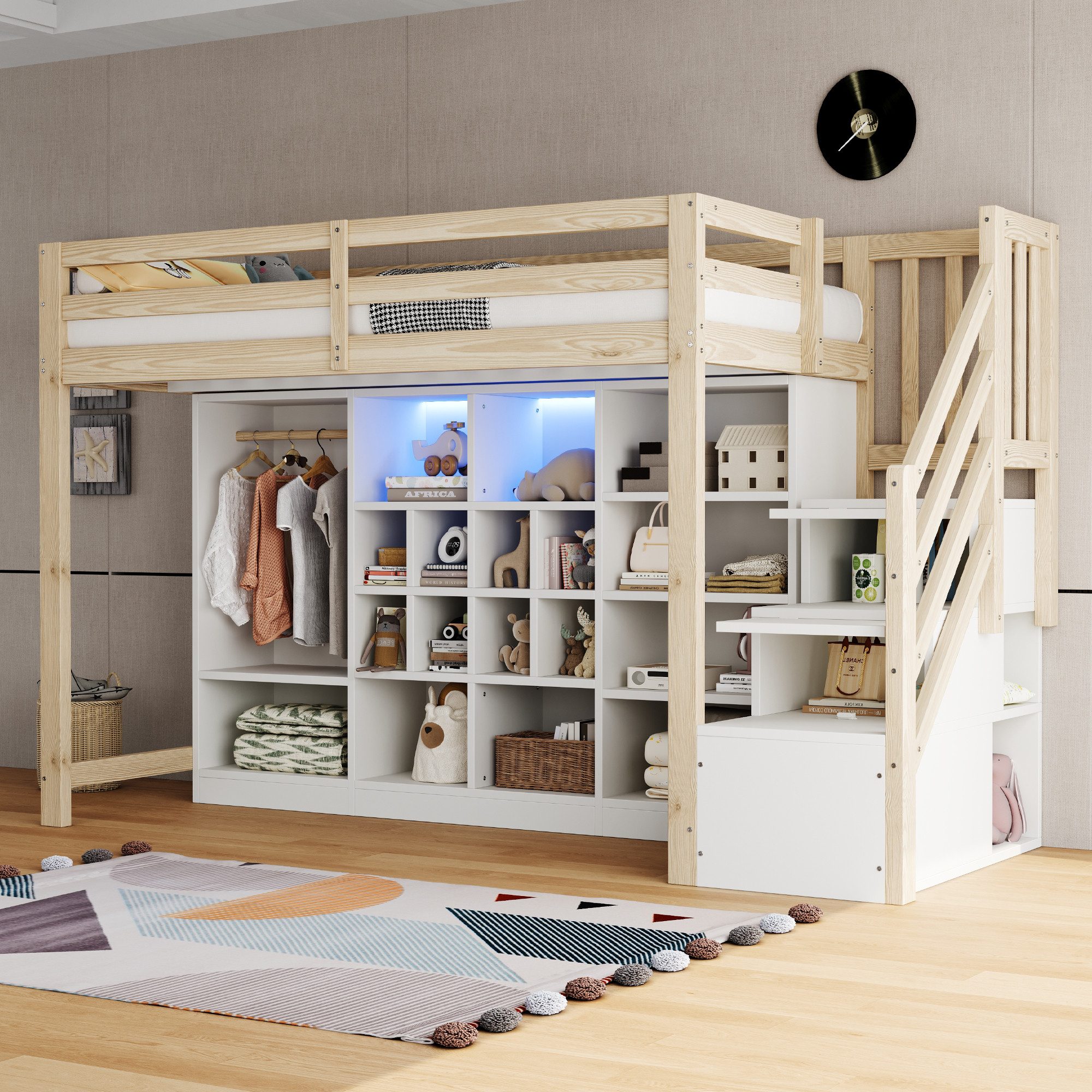 Celya Hochbett mit mehreren Staufächern und Einem Einfachen Kleiderschrank (ohne Matratze, mit LED-Beleuchtung und Integrierter Seitenleiter mit Stauraum) ideal für Kinderzimmer, Jugendzimmer oder kleine Wohnungen