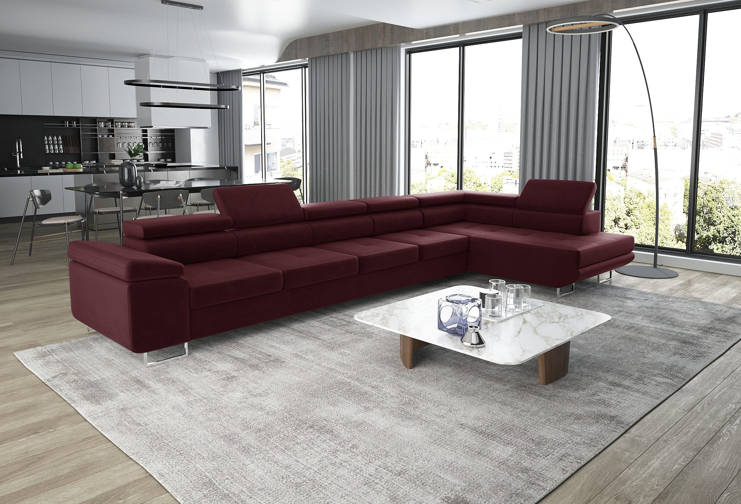 thematys Ecksofa ASTON MAXI 405 x 203cm mit Schlaffunktion & Bettkasten –, L-Sofa mit 5 verstellbaren Kopfstützen, Samt (Monolith), Cord (Poso) - L-Form, XL-Wohnlandschaft, 405 cm breit