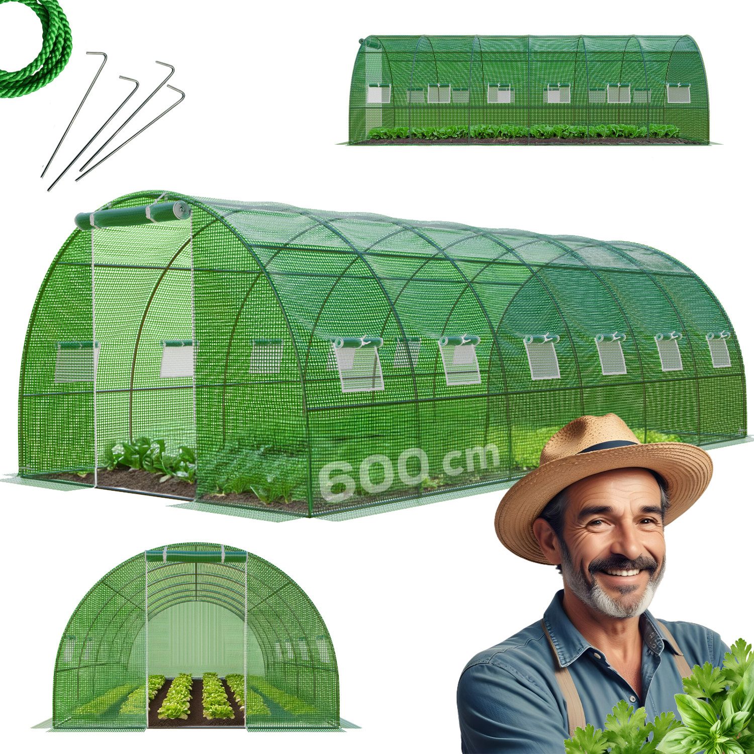 GARMIO Gewächshaus Foliengewächshaus, Folientunnel für Aufzucht CARINI 6x3x2 m, aufrollbare Tür, einfaches Stecksystem, leichter Aufbau, mit Tür, mit PE-Folie, winterfest, aufrollbare Folie, zur Anzucht, 12 Fenster grün | Rabatt: 29%