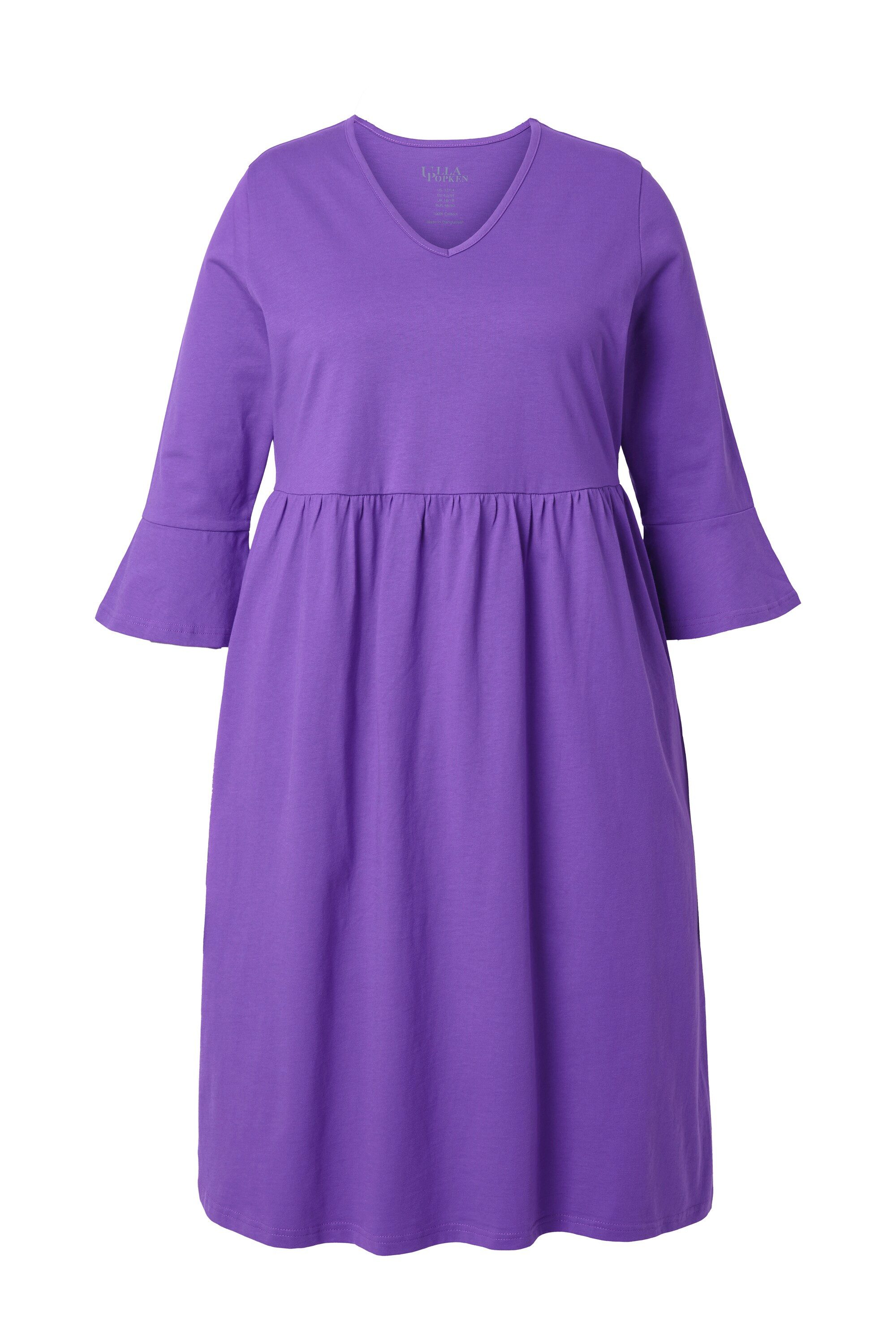 Ulla Popken Maxikleid Jerseykleid A-Linie- V-Ausschnitt 3/4-Volantarm günstig online kaufen