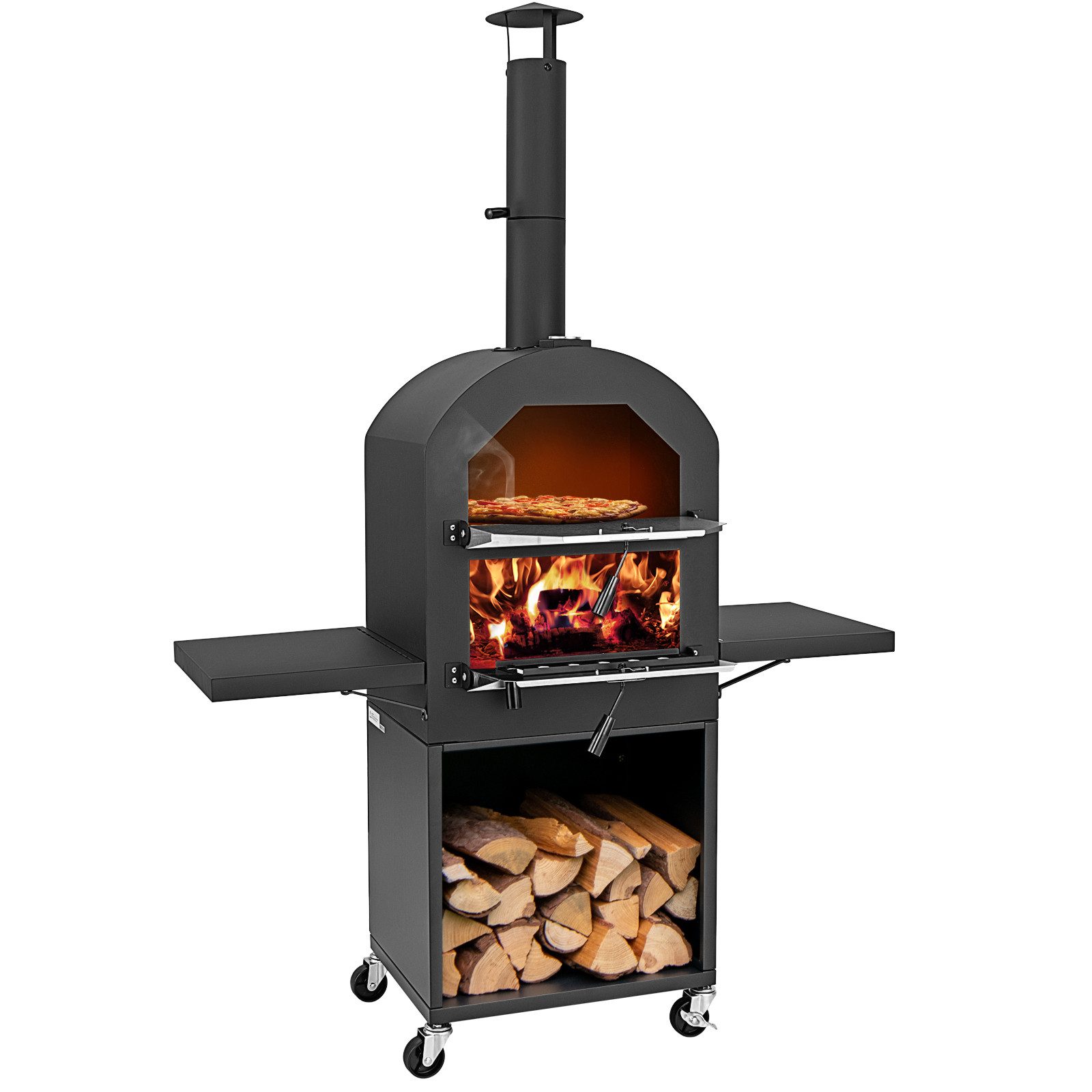 COSTWAY Pizzaofen, Holzgefeuerter Pizzaofen mit Schutzabdeckung, Pizzastein