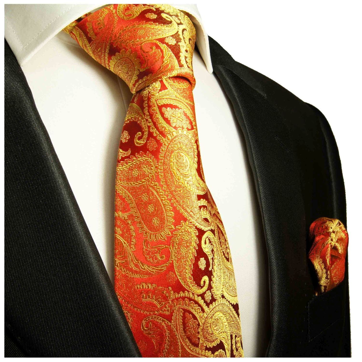 Paul Malone Krawatte Herren Seidenkrawatte und Tuch modern paisley brokat  100% Seide (Set, 2-St., Krawatte mit Einstecktuch) Schmal (6cm), rot gold  695