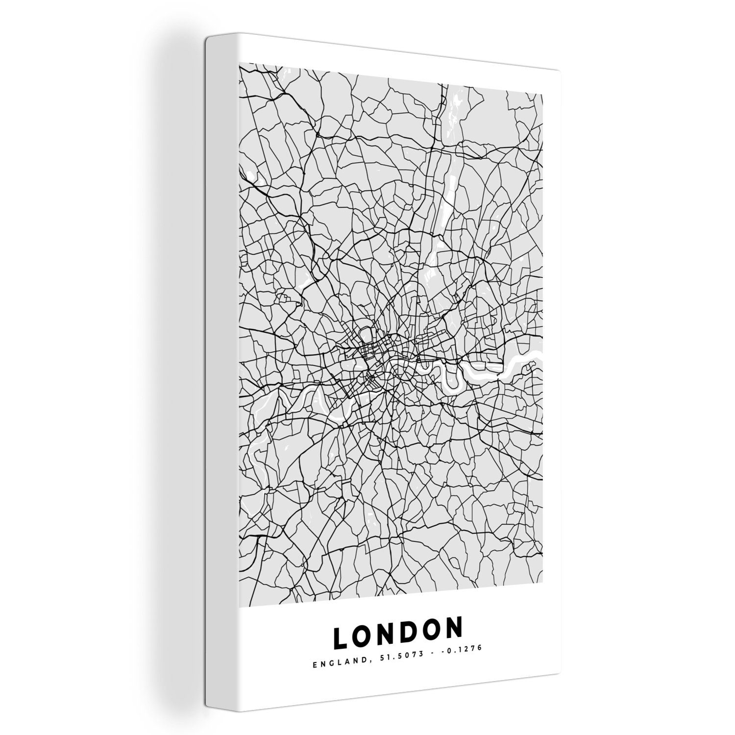 OneMillionCanvasses® Leinwandbild London - Stadtplan - Schwarz und Weiß - Karte, (1 St), Leinwandbild fertig bespannt inkl. Zackenaufhänger, Gemälde, 20x30 cm