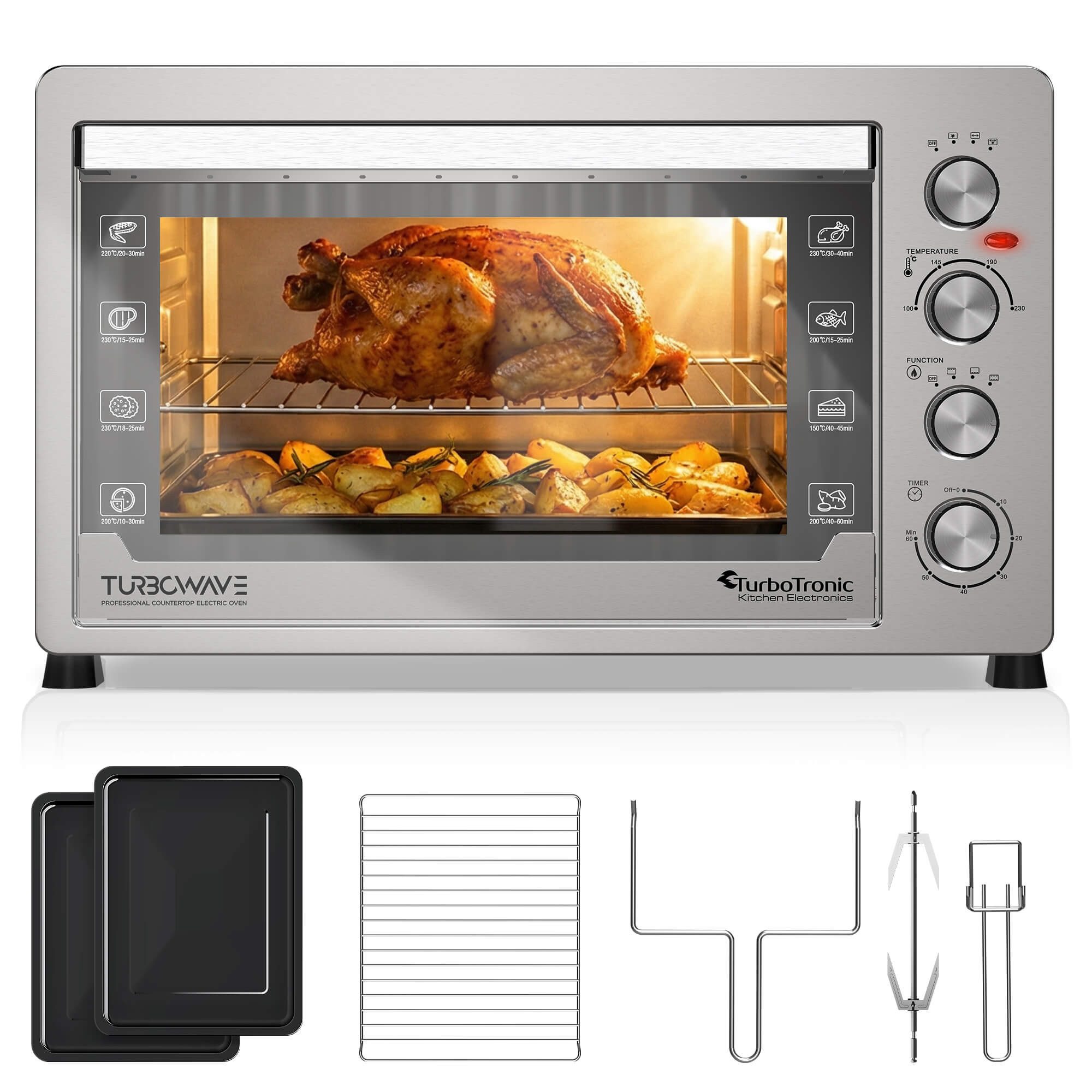 TurboTronic by Z-Line Minibackofen 2500 W 60 Liter Mini Backofen mit Umluft Drehspieß Grill Pizzaofen, Minibackofen 60 Liter, Tischbackofen mit Umluft, freistehend, Miniofen