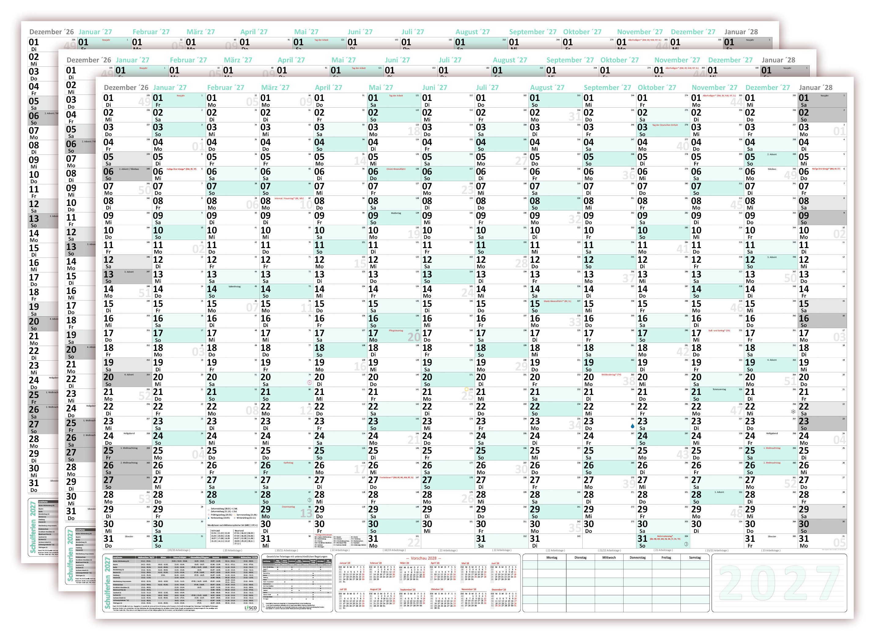 LYSCO Wandkalender XXXL Kalender 2027 - Sehr groß im DIN B0 Format (1,4 x 1,0 m), mit extra großen Tageskästchen und auch im Set 2026 + 2027 erhältlich, Schulferien, Jahresvorschau Folgejahr Plakatkalender gerollt