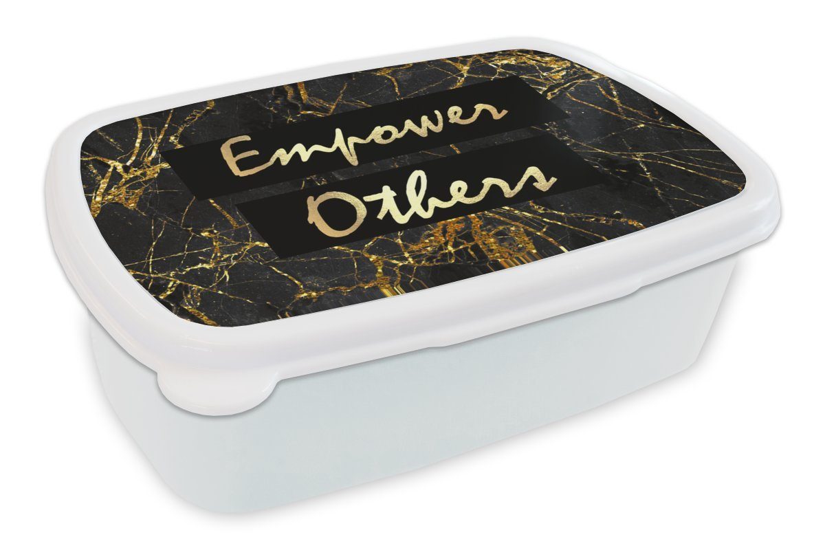 MuchoWow Lunchbox Zitat - Macht - Gold - Marmor, Kunststoff, (2-tlg), Brotbox für Kinder und Erwachsene, Brotdose, für Jungs und Mädchen weiß