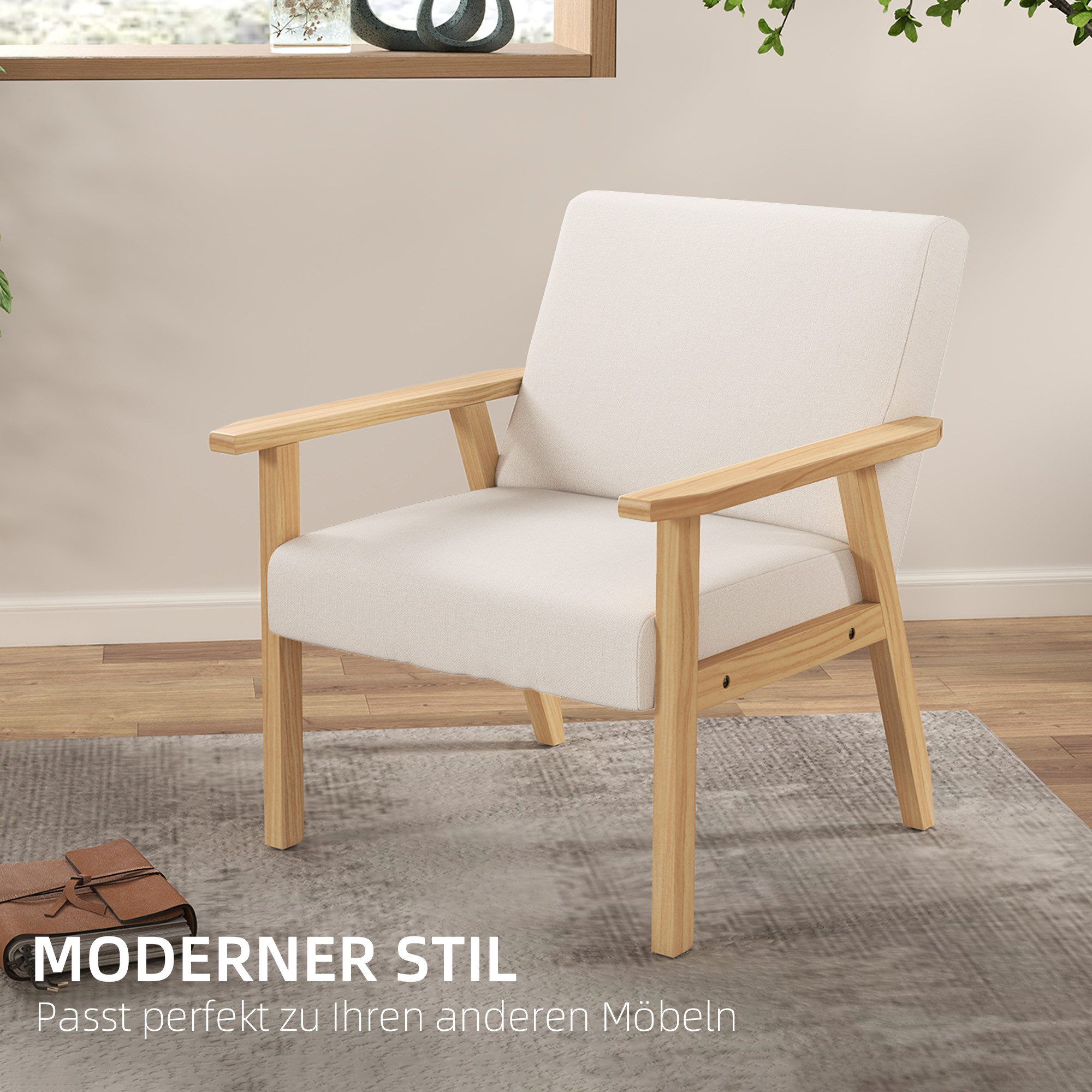 HOMCOM Relaxsessel Sessel Wohnzimmer mit Massivholzbeine, Lesesessel mit Leinenoptik (Akzentsessel, 1-St., Sessel), Cremeweiß, 64 x 70 x 72 cm – Bild 4 von 5