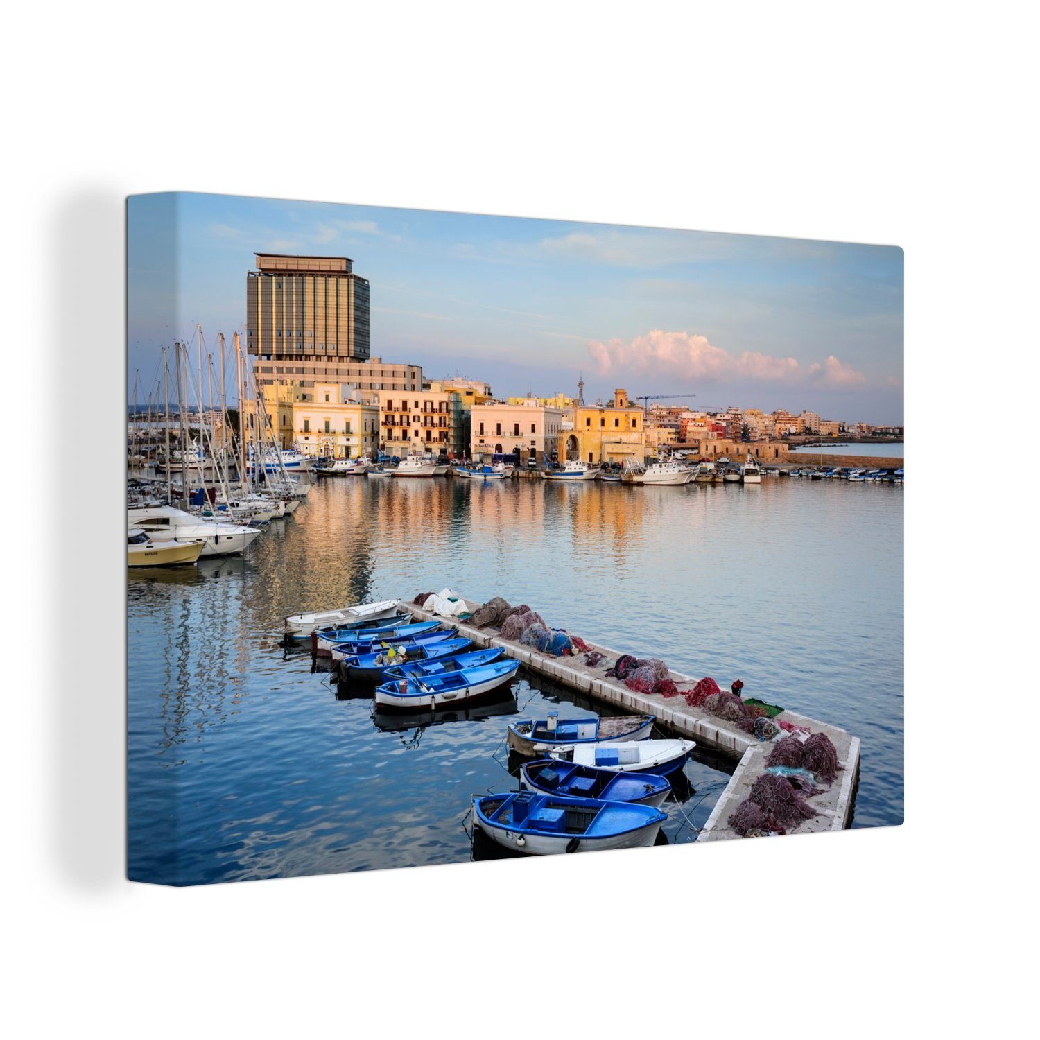 OneMillionCanvasses® Leinwandbild Der Hafen von Gallipoli in mit vielen (1 Wanddeko, St), 30x20 cm Leinwandbilder, Booten Aufhängefertig, Italien, Wandbild