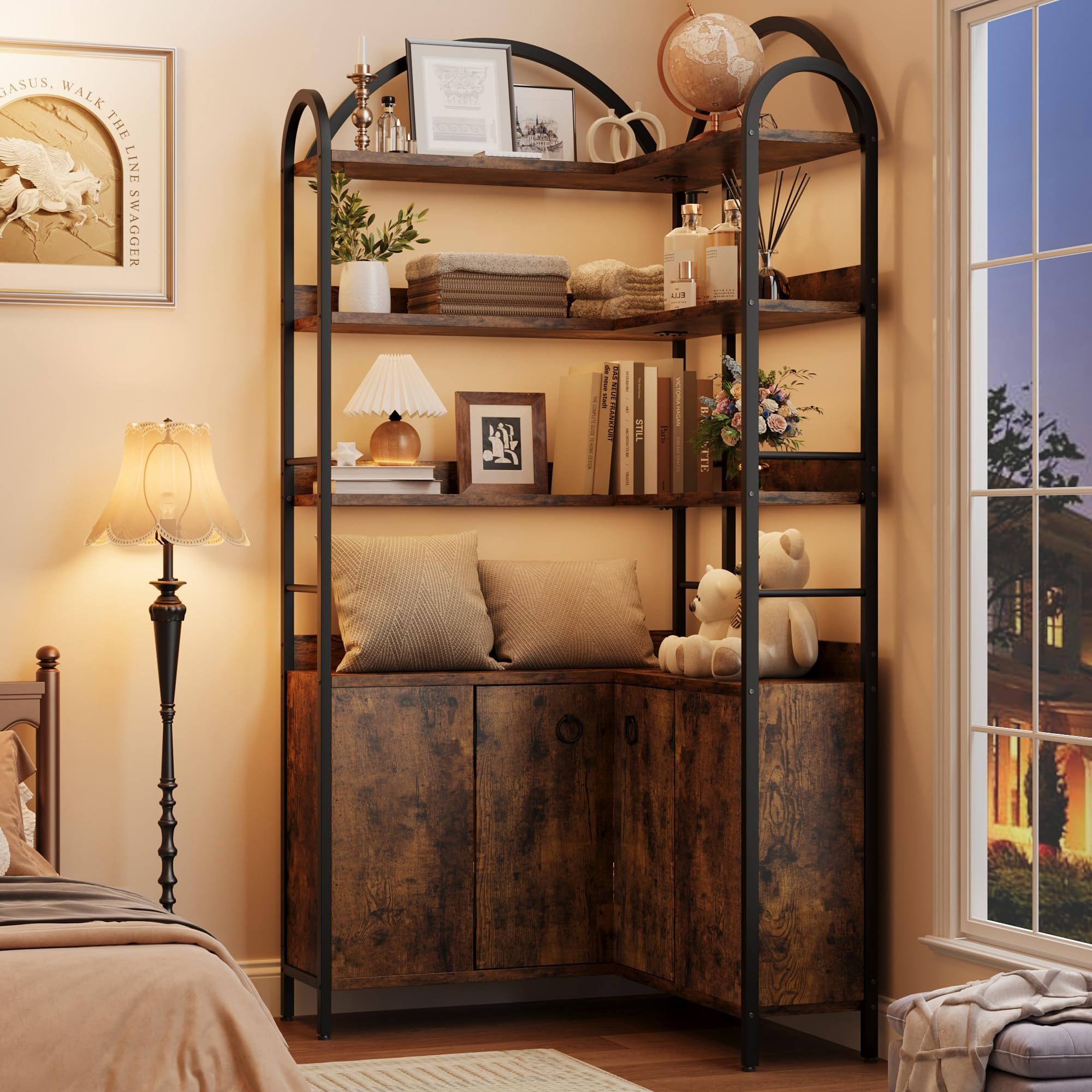 GarveeMore Bücherregal 6 Ebenen L-förmiges Eckregal Ablageregal Stauraumregal Mehrzweckregal, 189 cm Bogen Eckbücherregal Aktenregal Regal Standregal, Metallrah – Bild 5 von 5