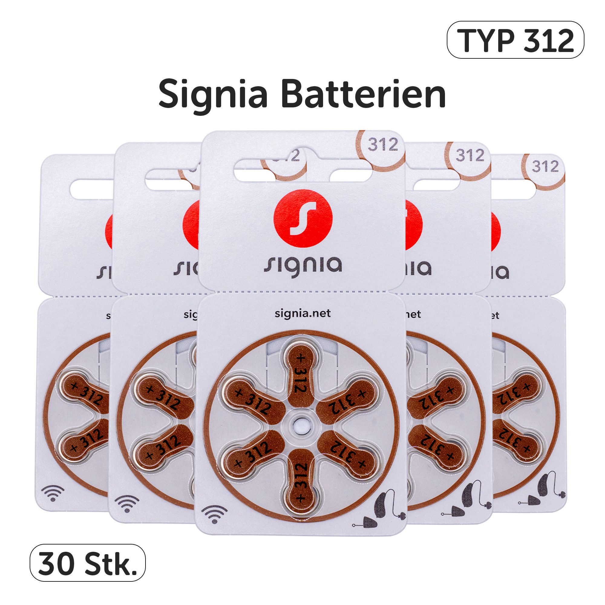 Signia 30x Signia Hörgerätebatterien 312 braun + GRATIS Reinigungstuch Batterie, (30 St), 1,4V / 1,45V bis zu 10 Jahre lagerfähig ohne Leistungsverlust.