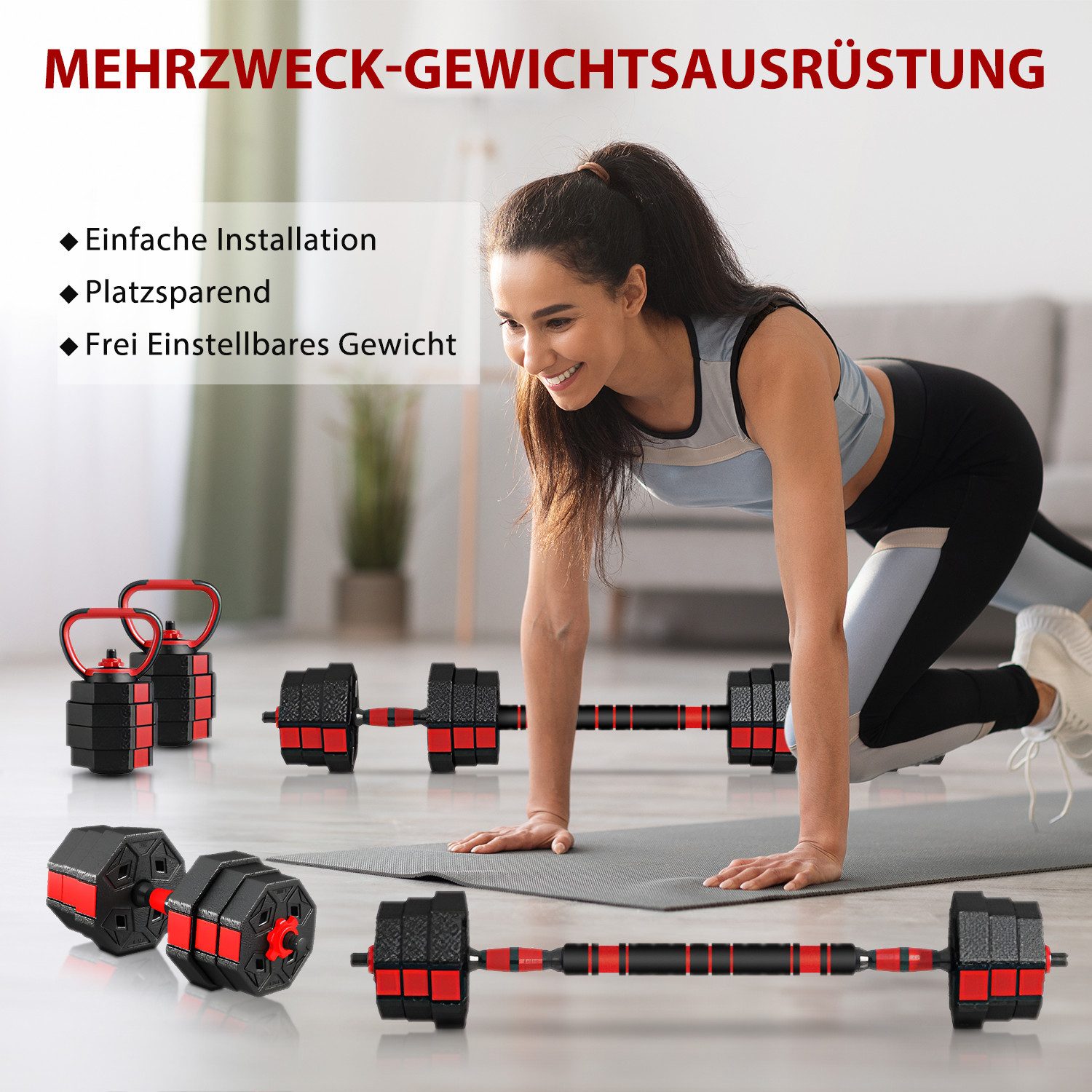 ToteBox Hantel-Set Verstellbar 6 in1 Kettlebell Hanteln Set mit Verbindungsstahlrohr