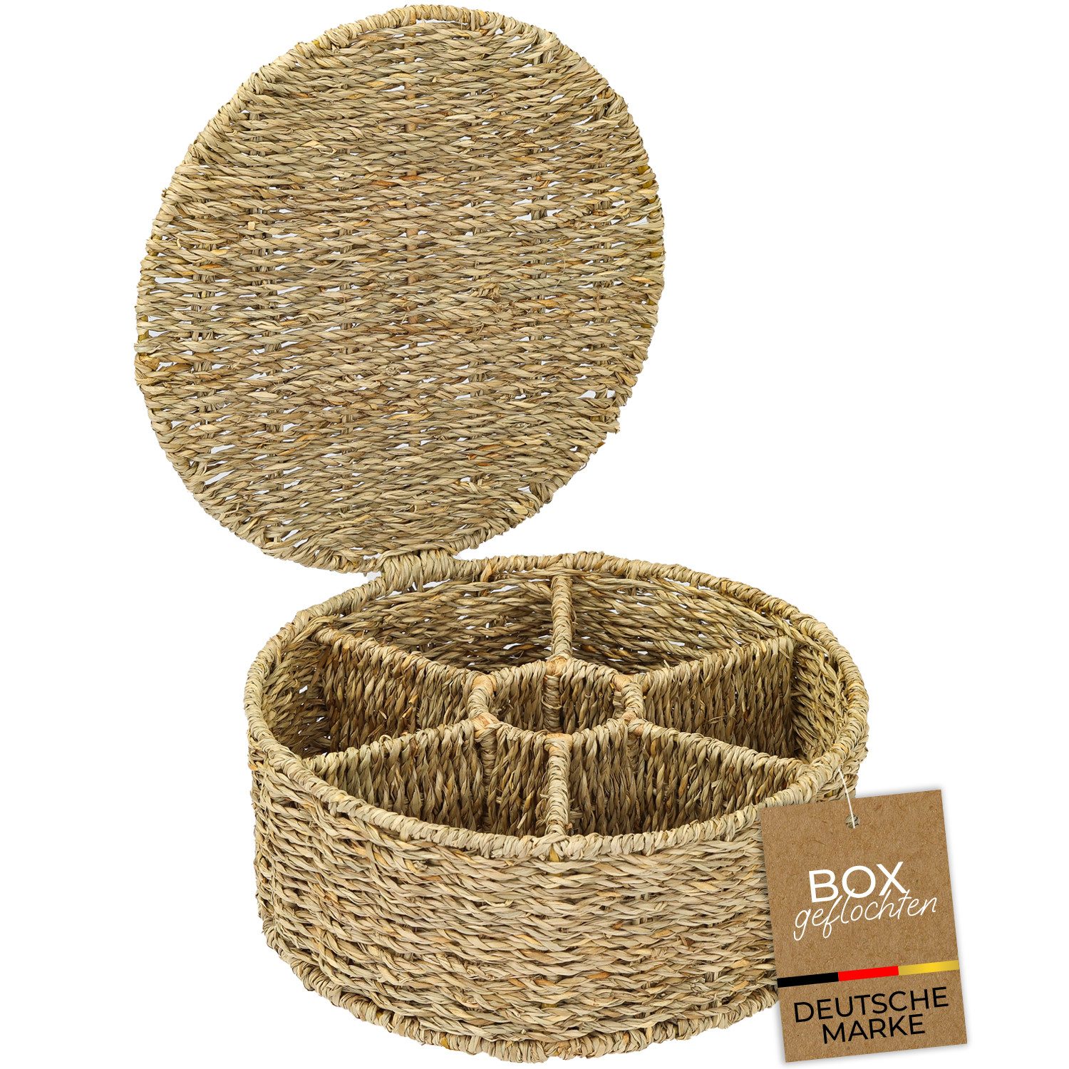 HMF Teebox Teebox aus Seegras mit 7 Fächern, Aufbewahrung von Teebeuteln, Seegras, Aufbewahrungskorb als Organizer für Küche, Bad Wohnbereich, ø 27x11 cm