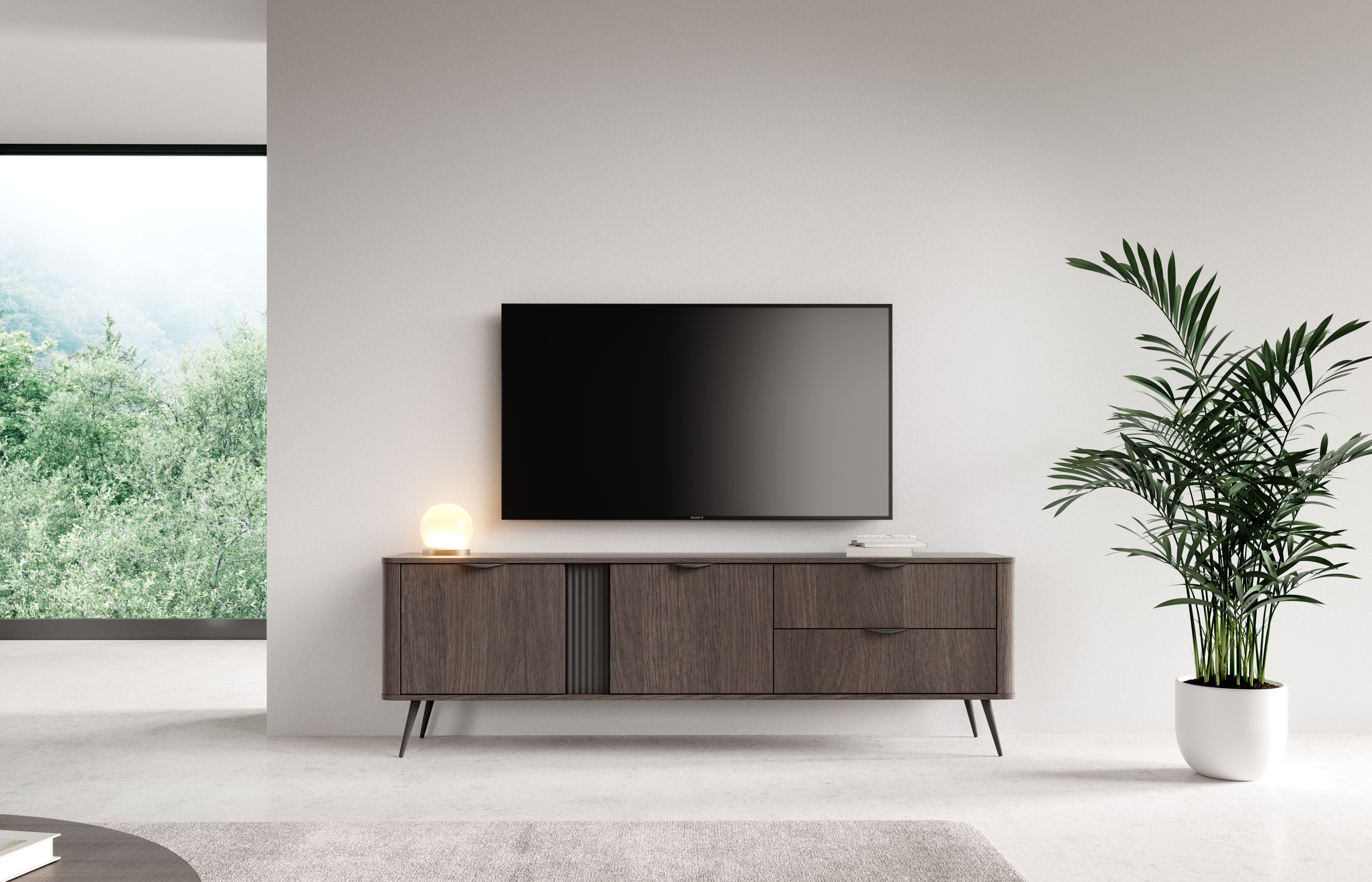 MOEBLO TV-Board RTV LARON 195 2d2s (Schwarz & Eiche Dunin, modernes Lowboard im Industrial & Japandi Design mit Metallfüßen, geriffelter Zierleiste und großzügigem Stauraum, Lowboard Fernsehtisch TV Bank TV Tisch Fernseher Tisch TV Möbel), (BxHxT): 195,2 x 61,2 x 38 cm