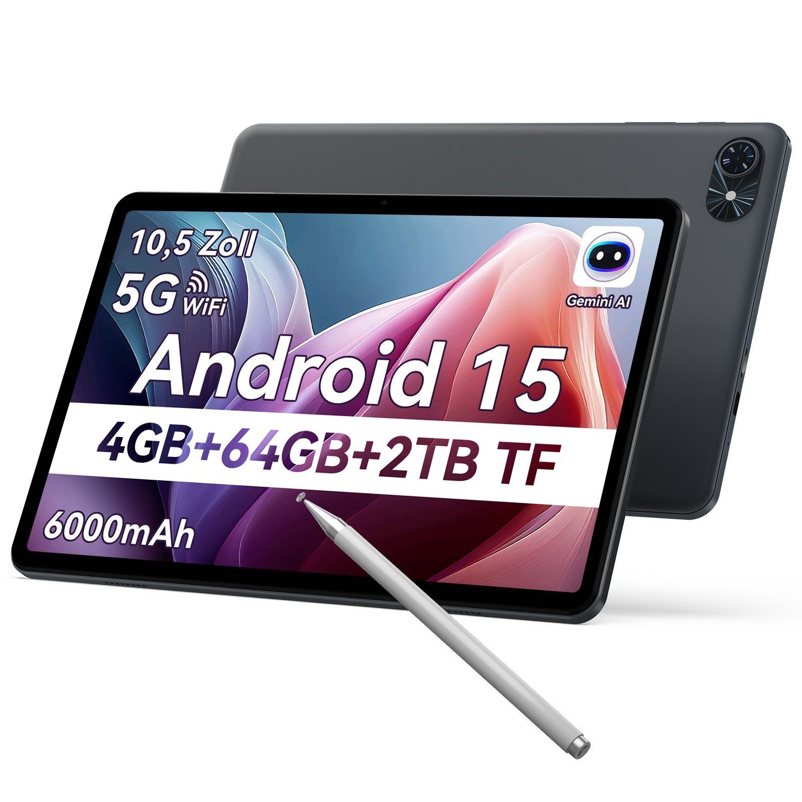 TABWEE T80 10/10.5" Android15 64/128GB incl. Stift WiFi Tablet (128 GB, Android15, 5G wifi, Android 15, Gemini AI, mit Stift)