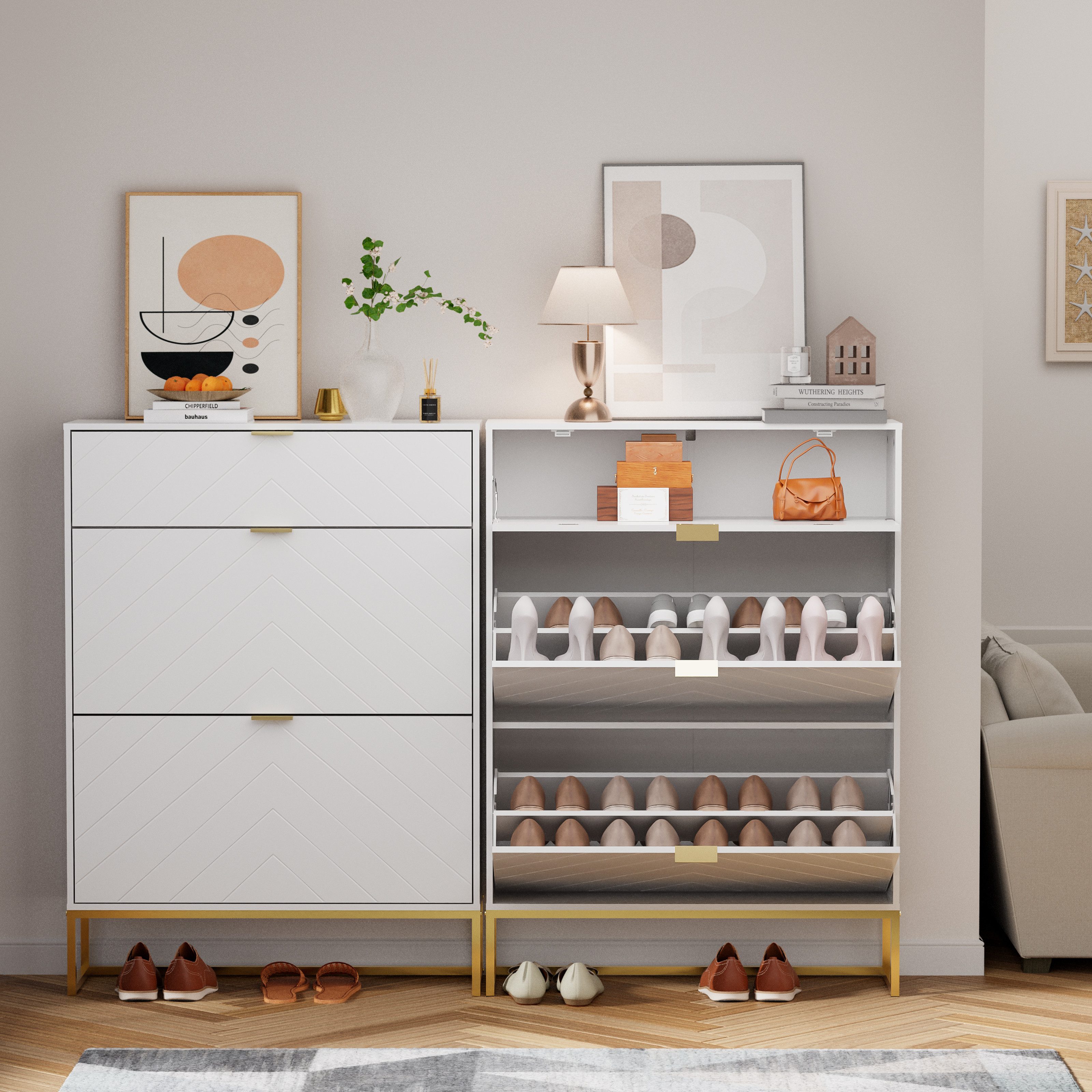 UEV Schuhschrank mit 3 Klappen schmal Schuhablage (Modern Schuhkommode im Flur Diele,80x24x122cm) Platzsparend, mit Kippschutz/Trennwand verstellbar