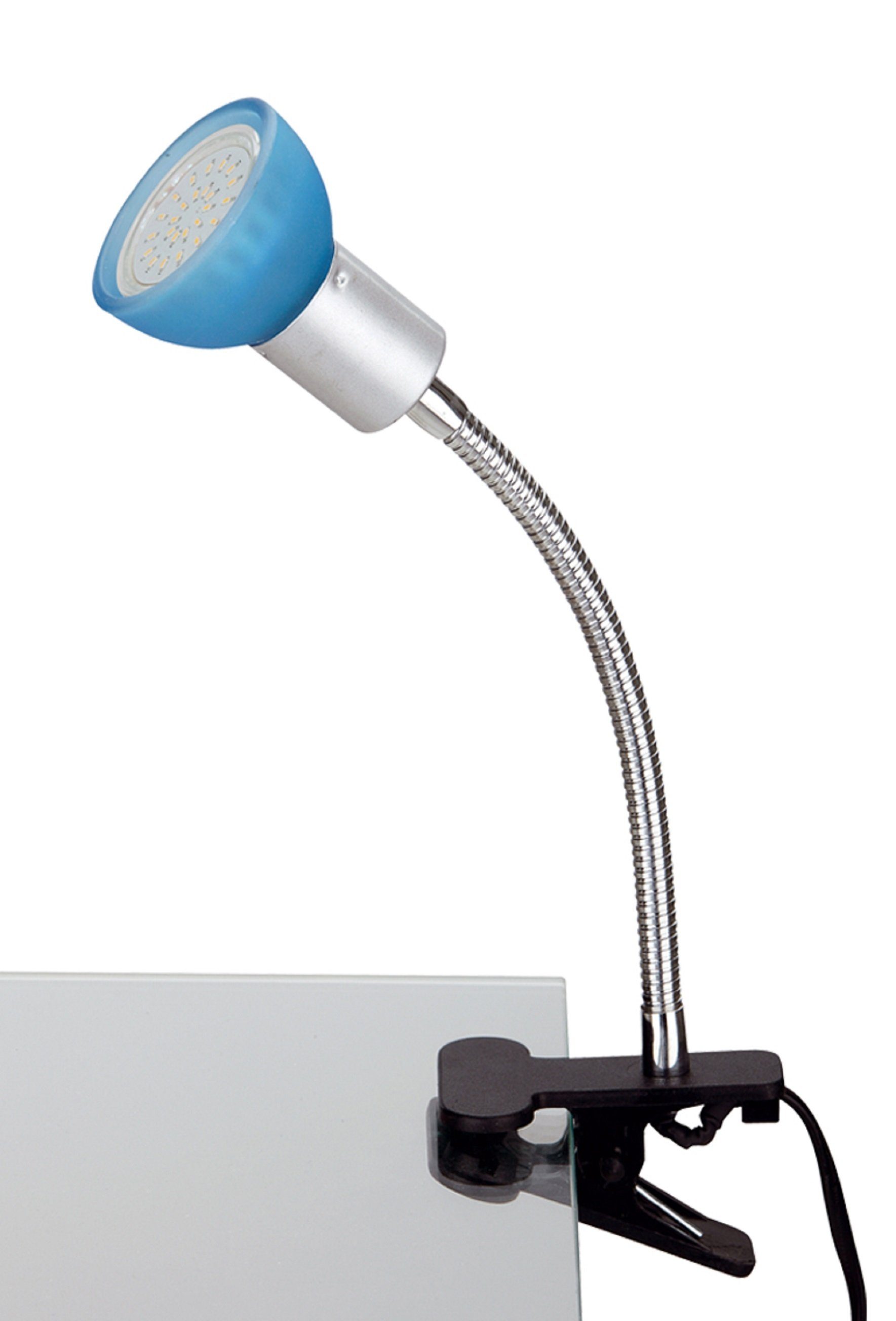 TRANGO LED Klemmleuchte, 2989-010 LED Klemmleuchte *EASY* inkl. 1x 3 Watt GU10 3000K warmweiß LED Leuchtmittel Tischlampe I Leseleuchte I Clip Lampe mit blauem Glas Lampenschirm, Klemmspot I Nachtlicht I Schreibtischlampe